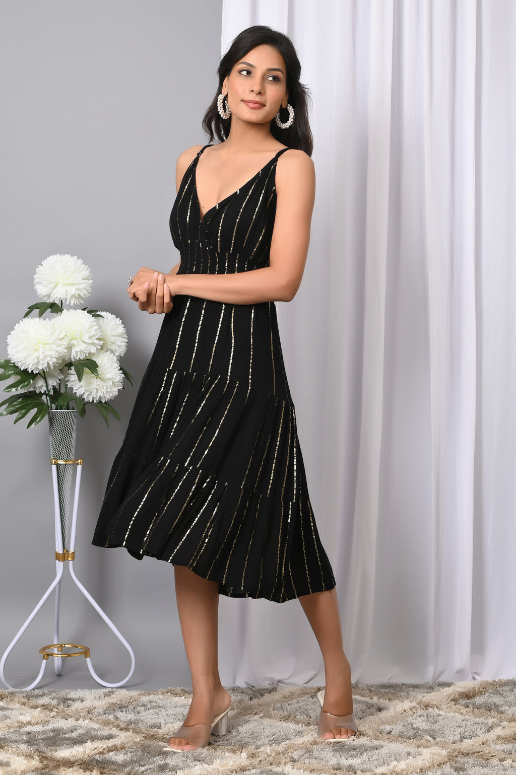 IQRAAR Women Rayon V Neck Fit & Flared Western Wear Dress