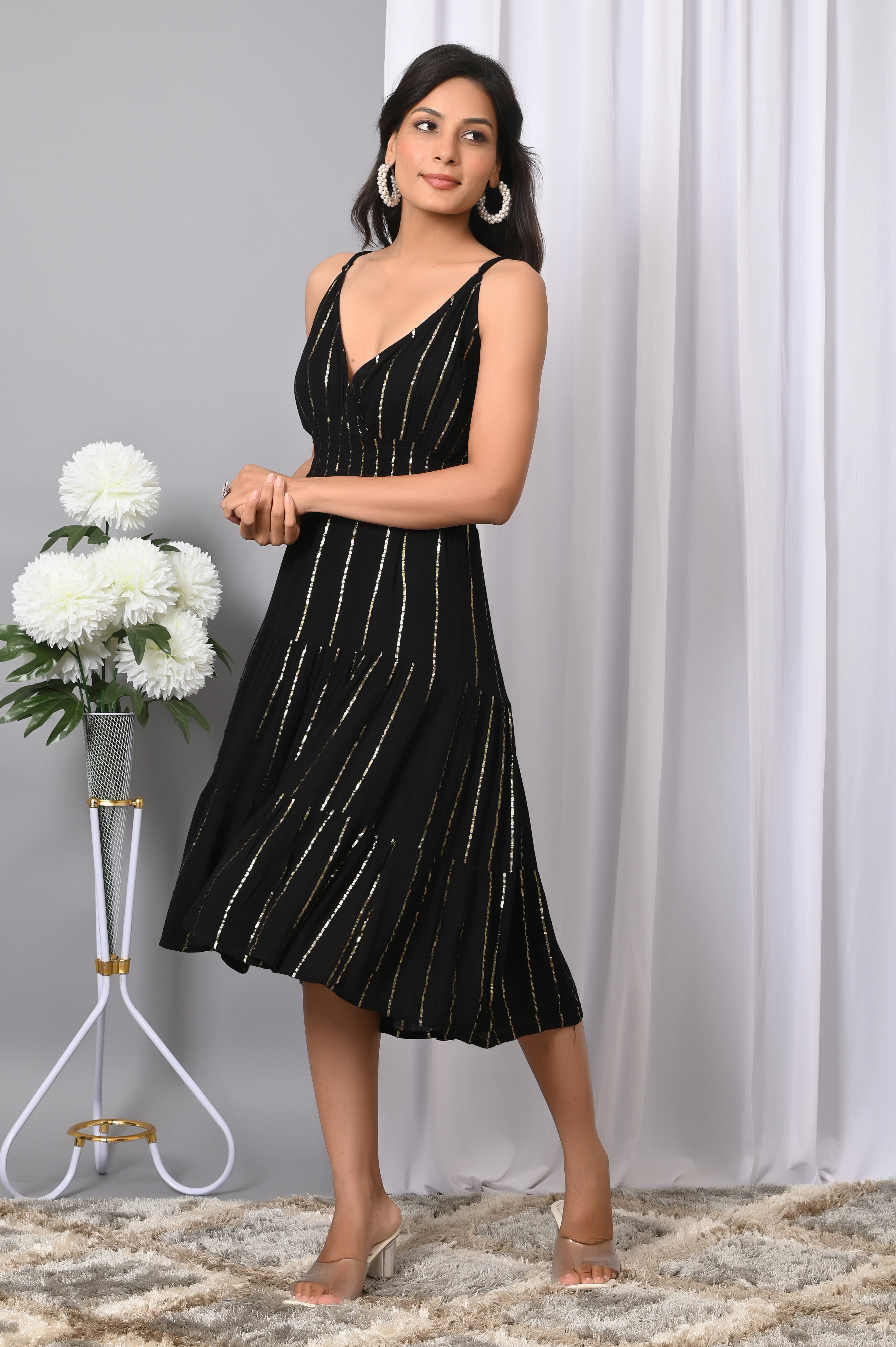 IQRAAR Women Rayon V Neck Fit & Flared Western Wear Dress