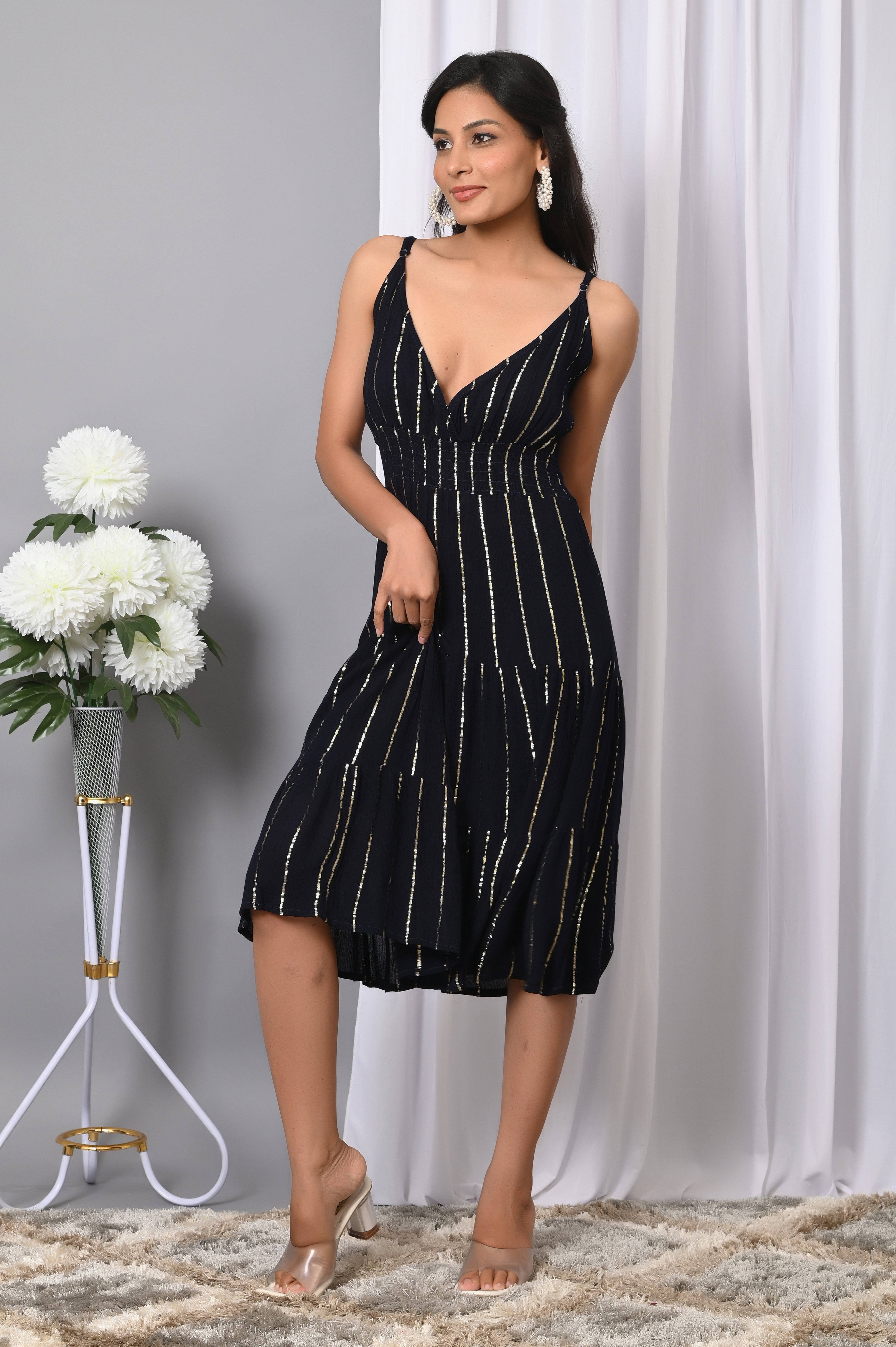 IQRAAR Women Rayon V Neck Fit & Flared Western Wear Dress