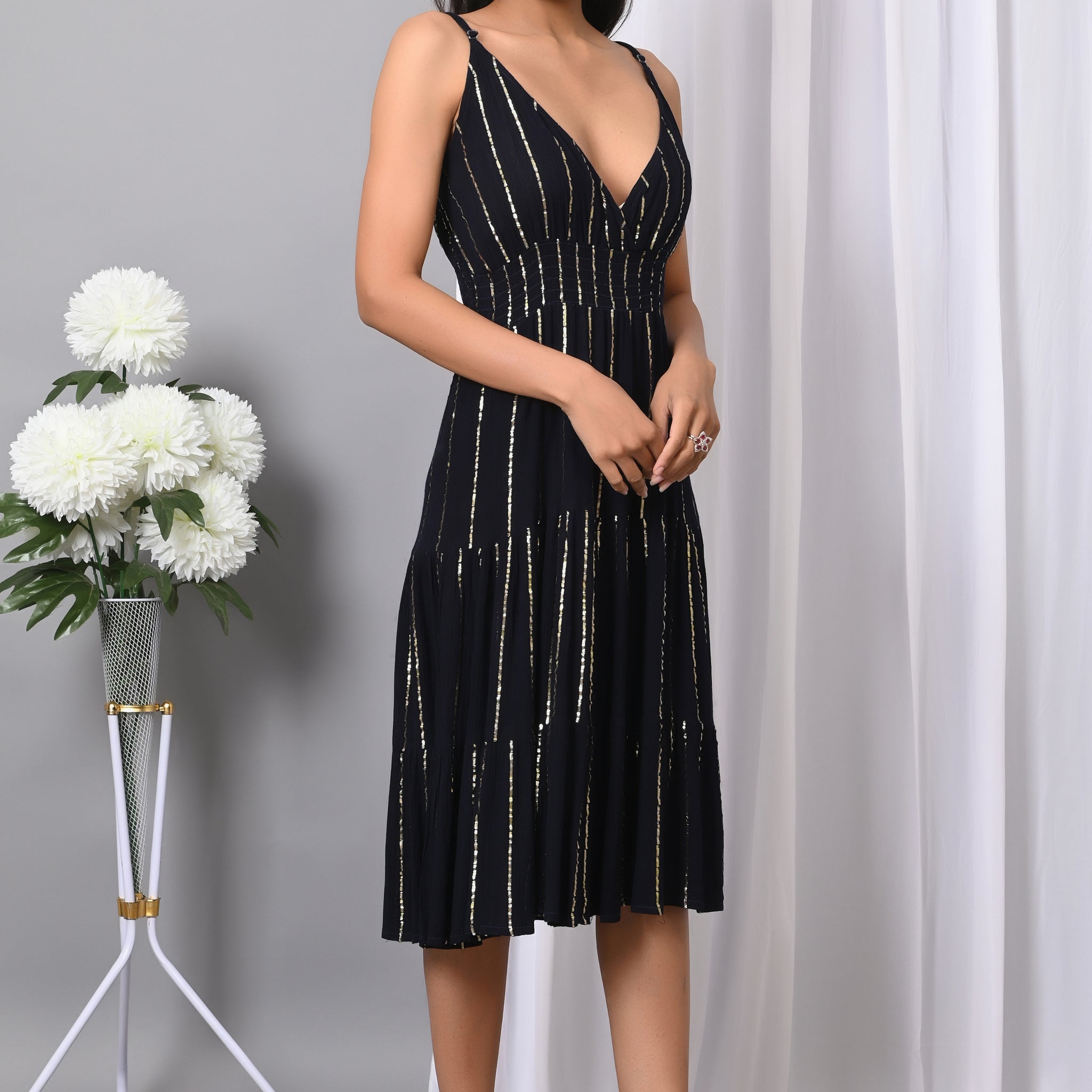 IQRAAR Women Rayon V Neck Fit & Flared Western Wear Dress