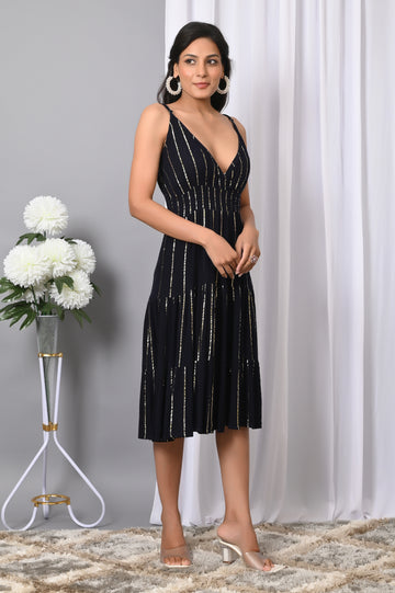 IQRAAR Women Rayon V Neck Fit & Flared Western Wear Dress