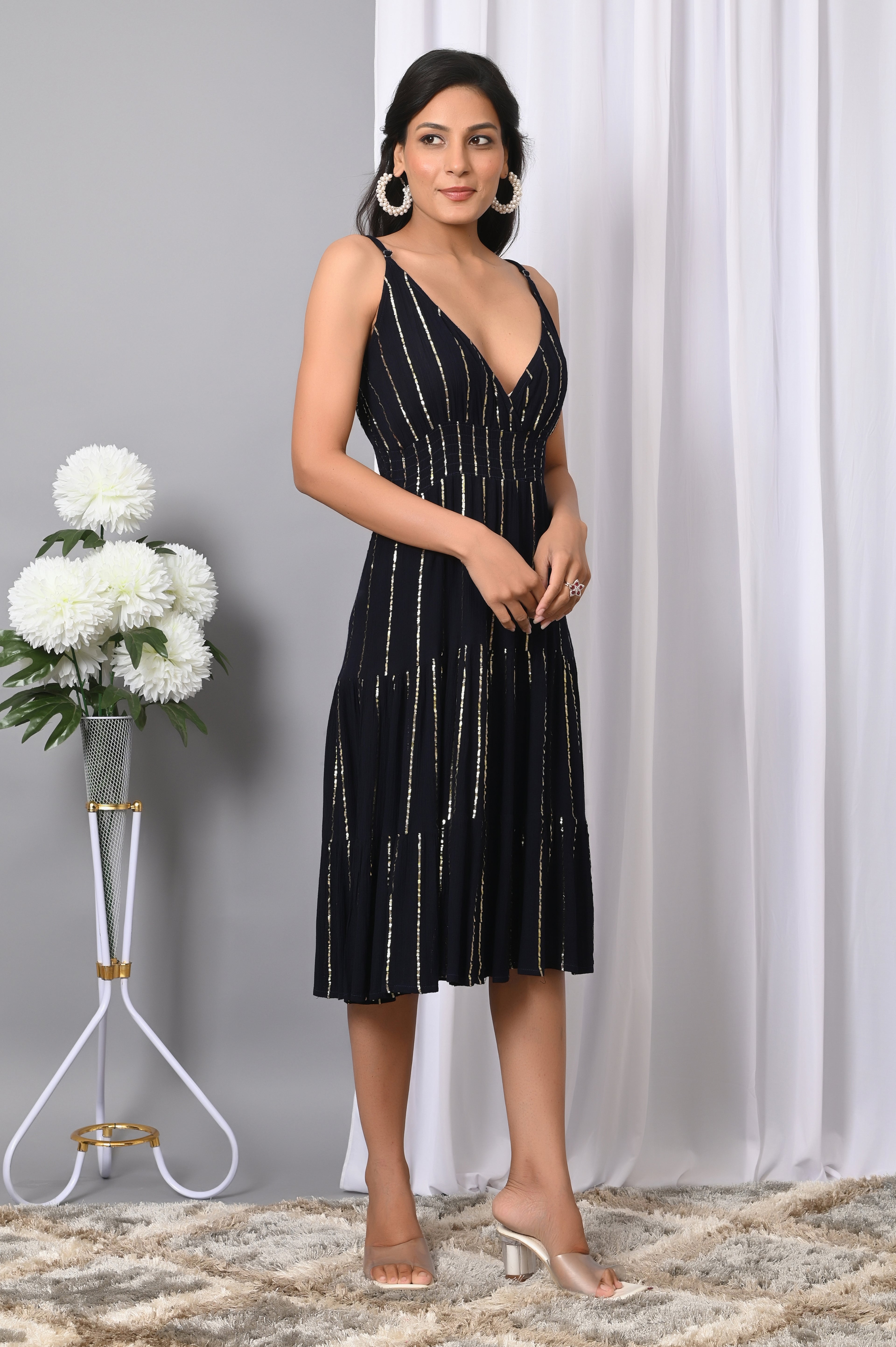 IQRAAR Women Rayon V Neck Fit & Flared Western Wear Dress