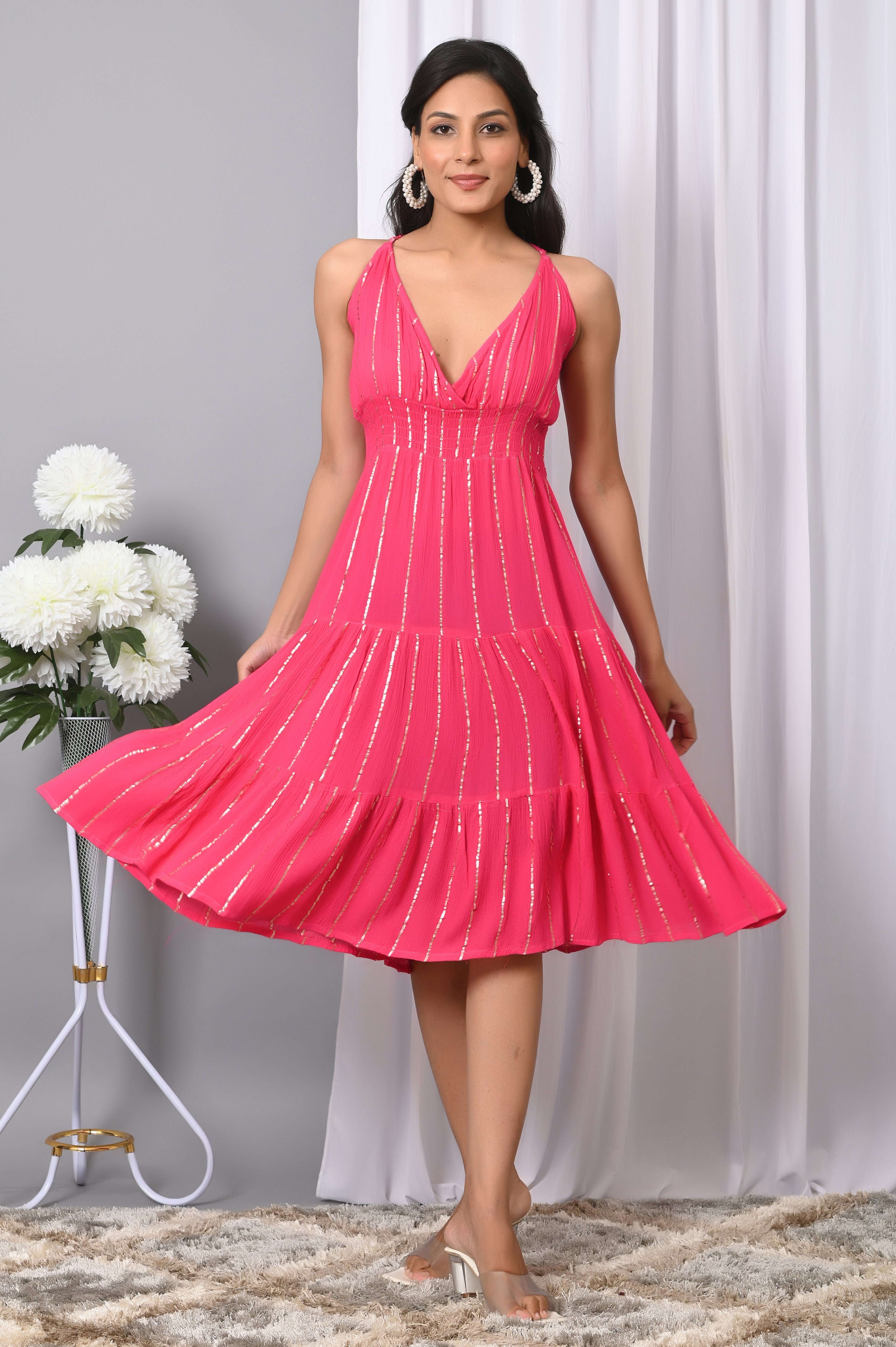 IQRAAR Women Rayon V Neck Fit & Flared Western Wear Dress