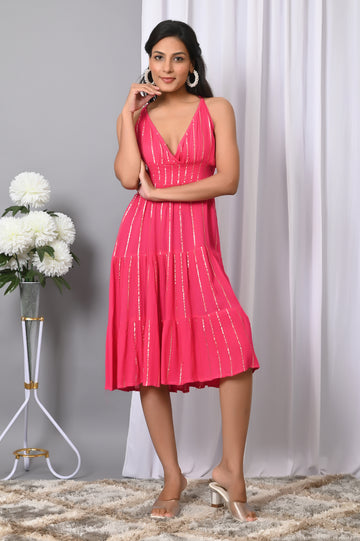 IQRAAR Women Rayon V Neck Fit & Flared Western Wear Dress