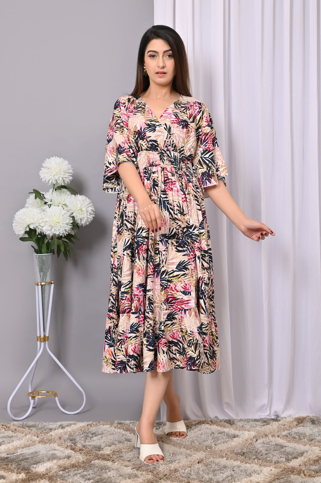 Tropical Bliss Printed Rayon Midi Dress
