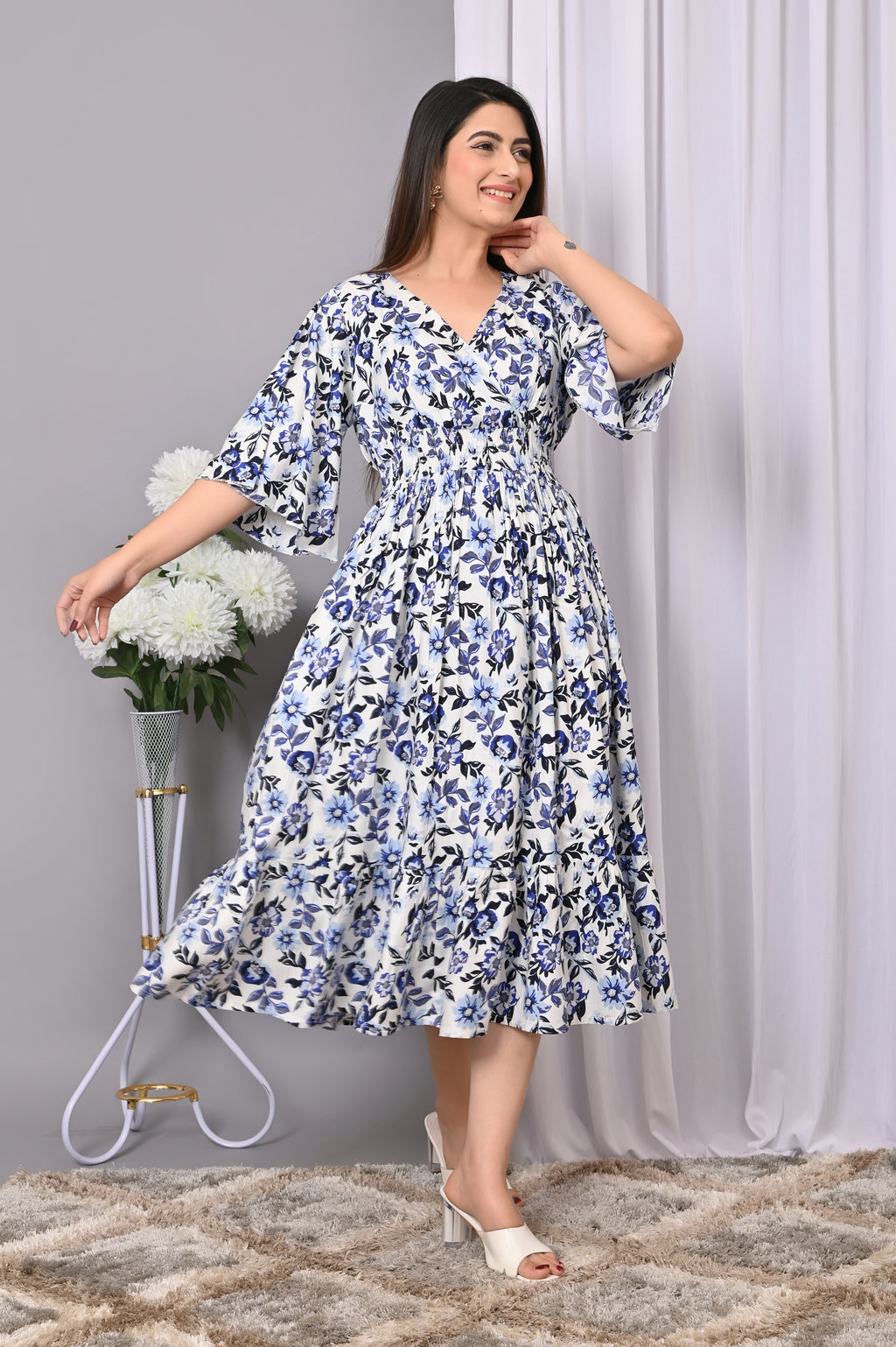 "Chic Bloom Wrap Midi Dress"