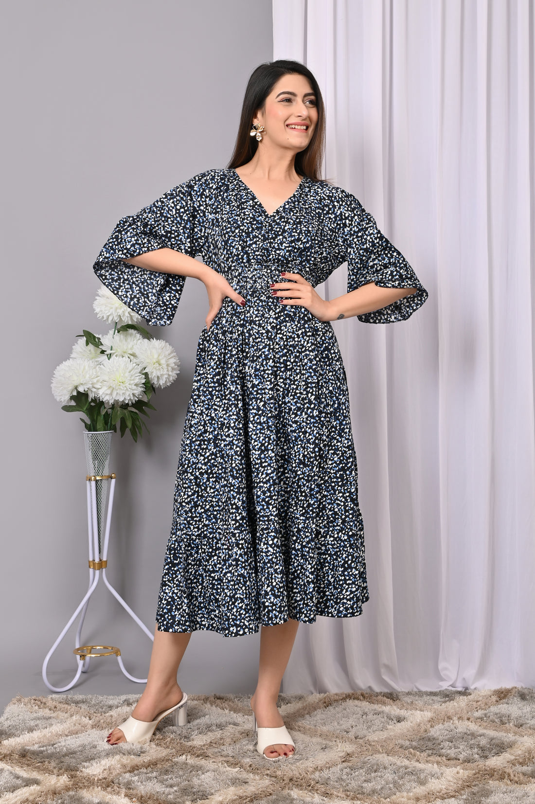Midnight Bloom Printed Maxi Dress – Elegant & Flowy Rayon Dress