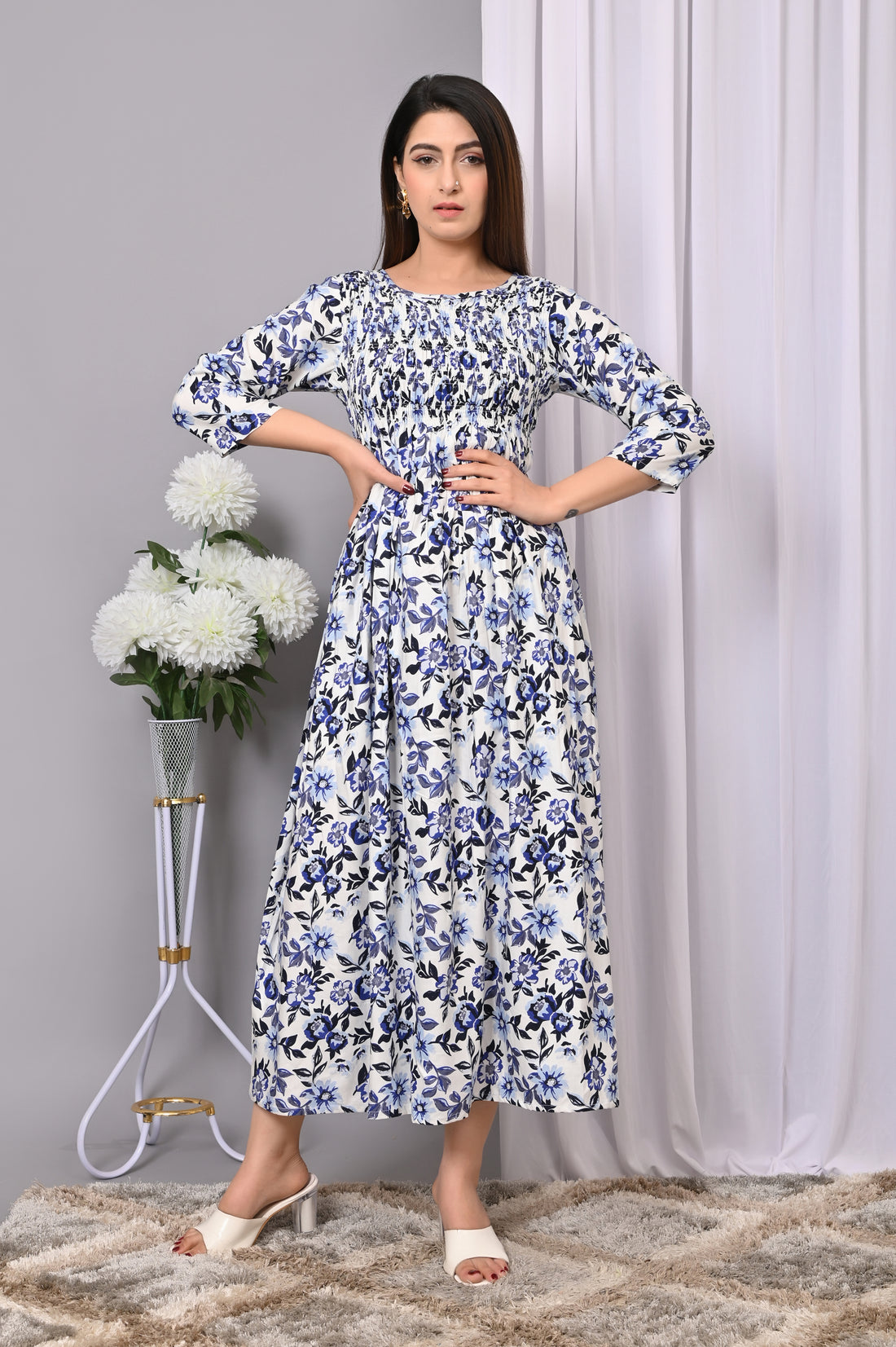Floral Elegance Smocked Maxi Dress – Blue & White Print