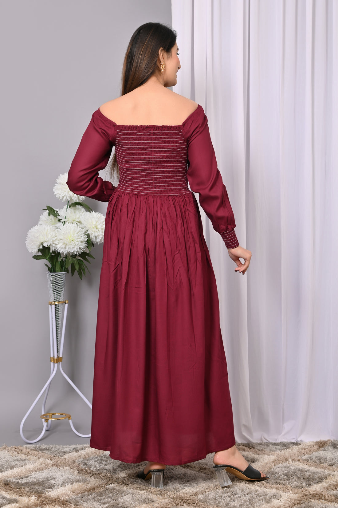 Wine Elegance Smocked Maxi Dress – Sophisticated &amp; Chic Long Dres