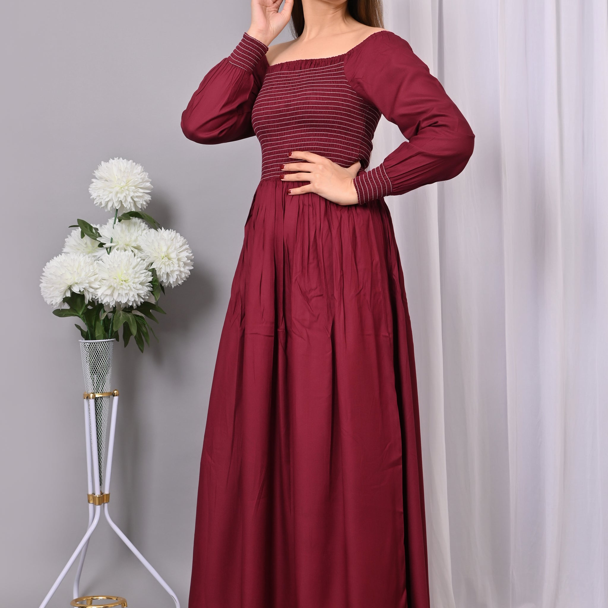 Wine Elegance Smocked Maxi Dress – Sophisticated &amp; Chic Long Dres