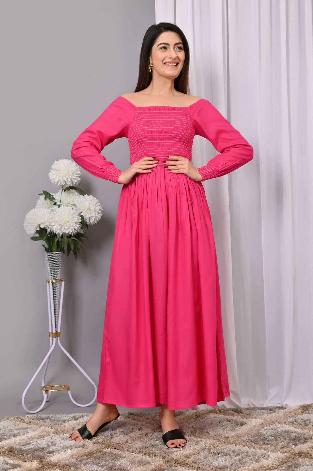 Fuchsia Flair Smocked Maxi Dress – Bold & Elegant Long Dress