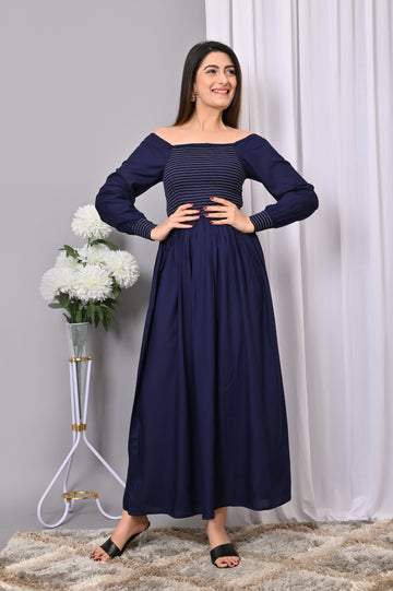 Midnight Elegance Smocked Maxi Dress – Navy Blue Off-Shoulder Dress