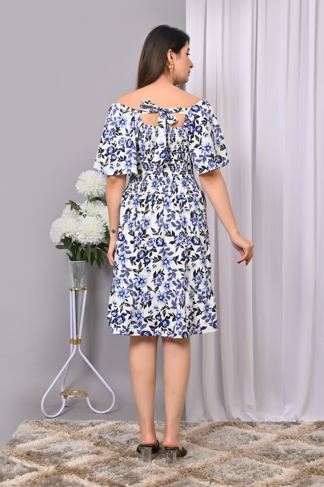 Breezy Blossom Smocked Mini Dress – Blue Floral Off-Shoulder Dress