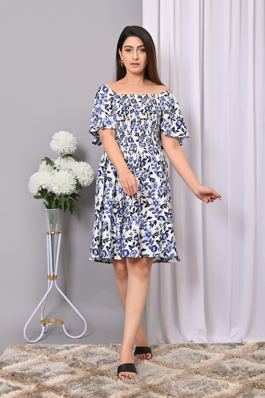 Breezy Blossom Smocked Mini Dress – Blue Floral Off-Shoulder Dress