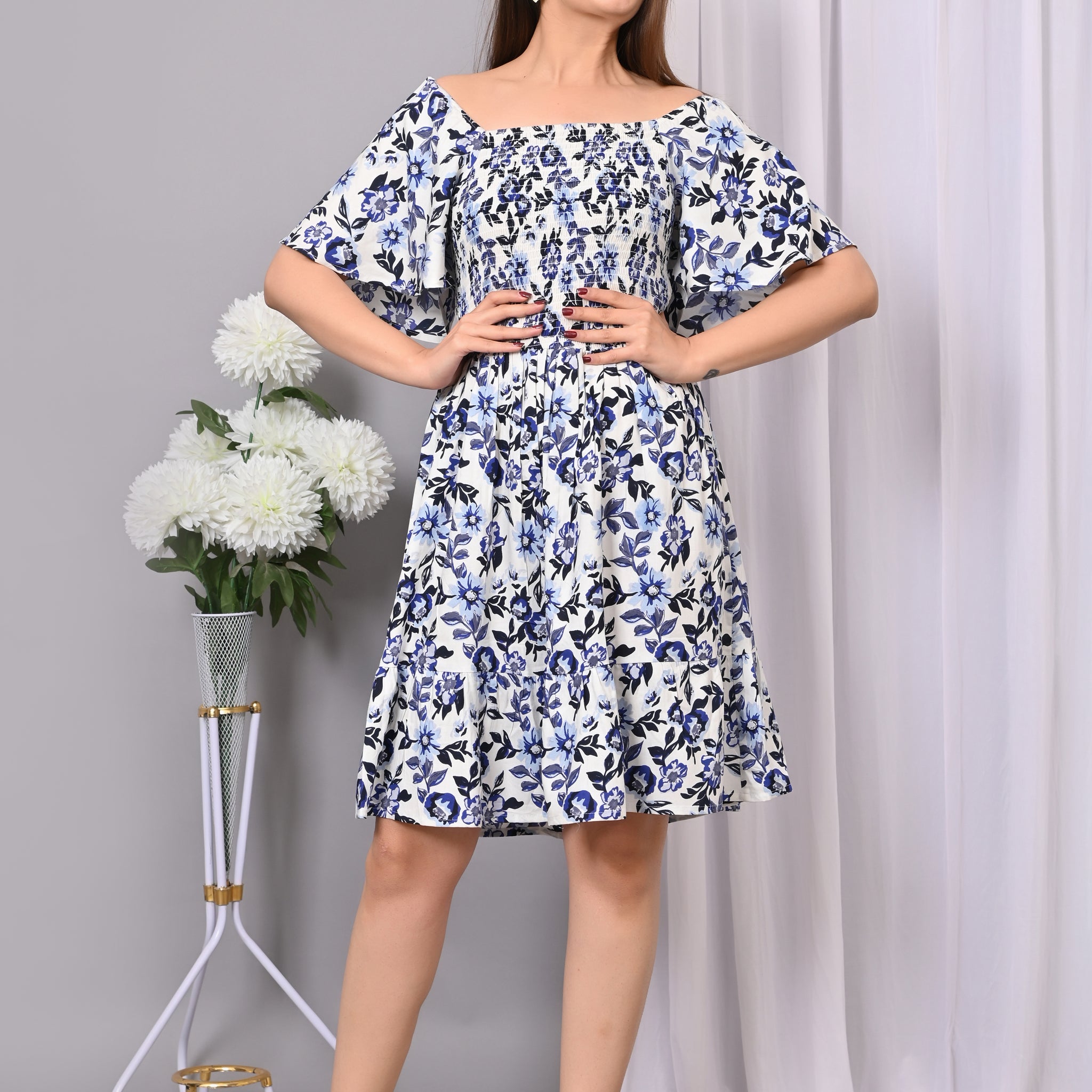 Breezy Blossom Smocked Mini Dress – Blue Floral Off-Shoulder Dress