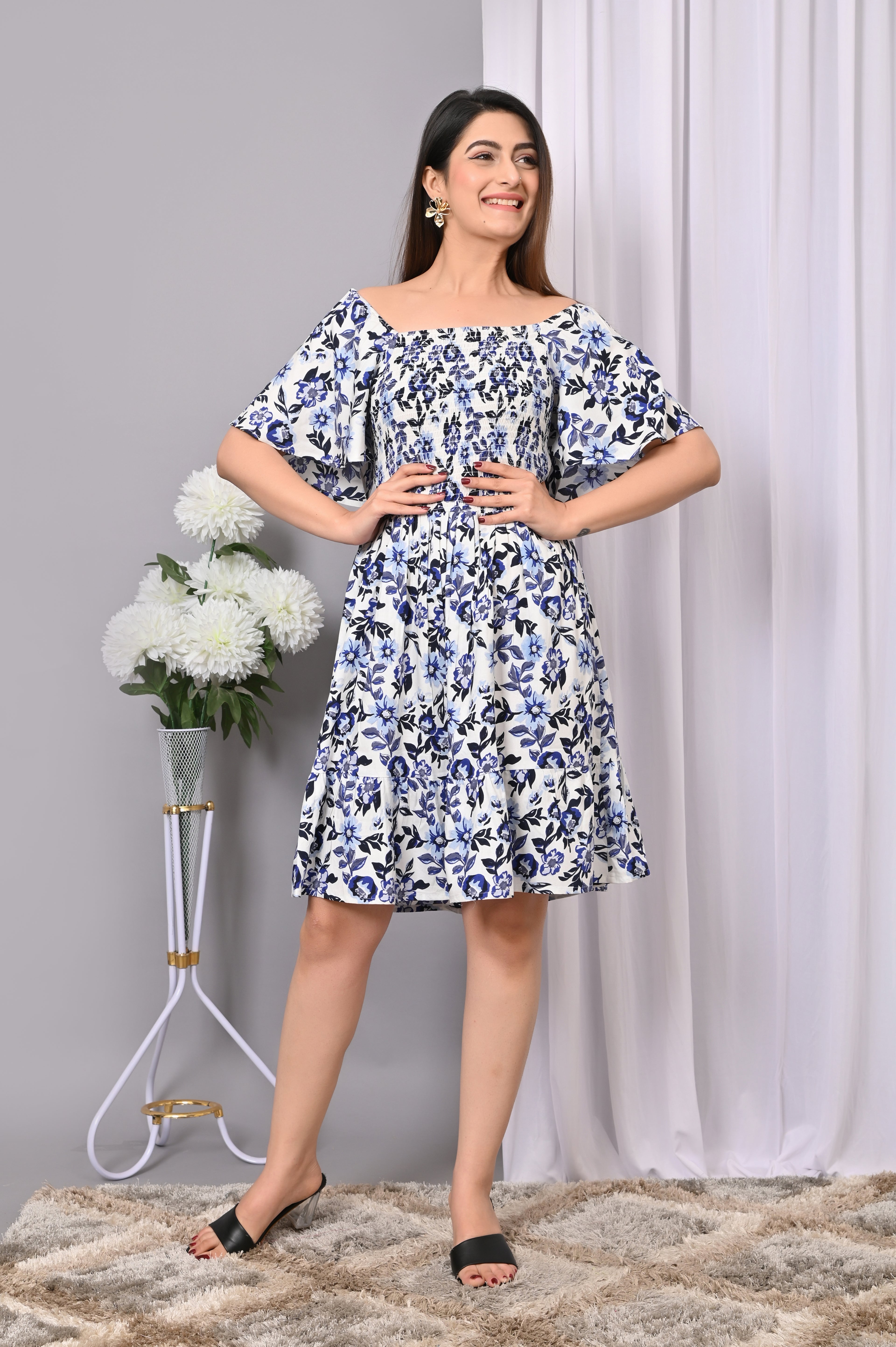 Breezy Blossom Smocked Mini Dress – Blue Floral Off-Shoulder Dress