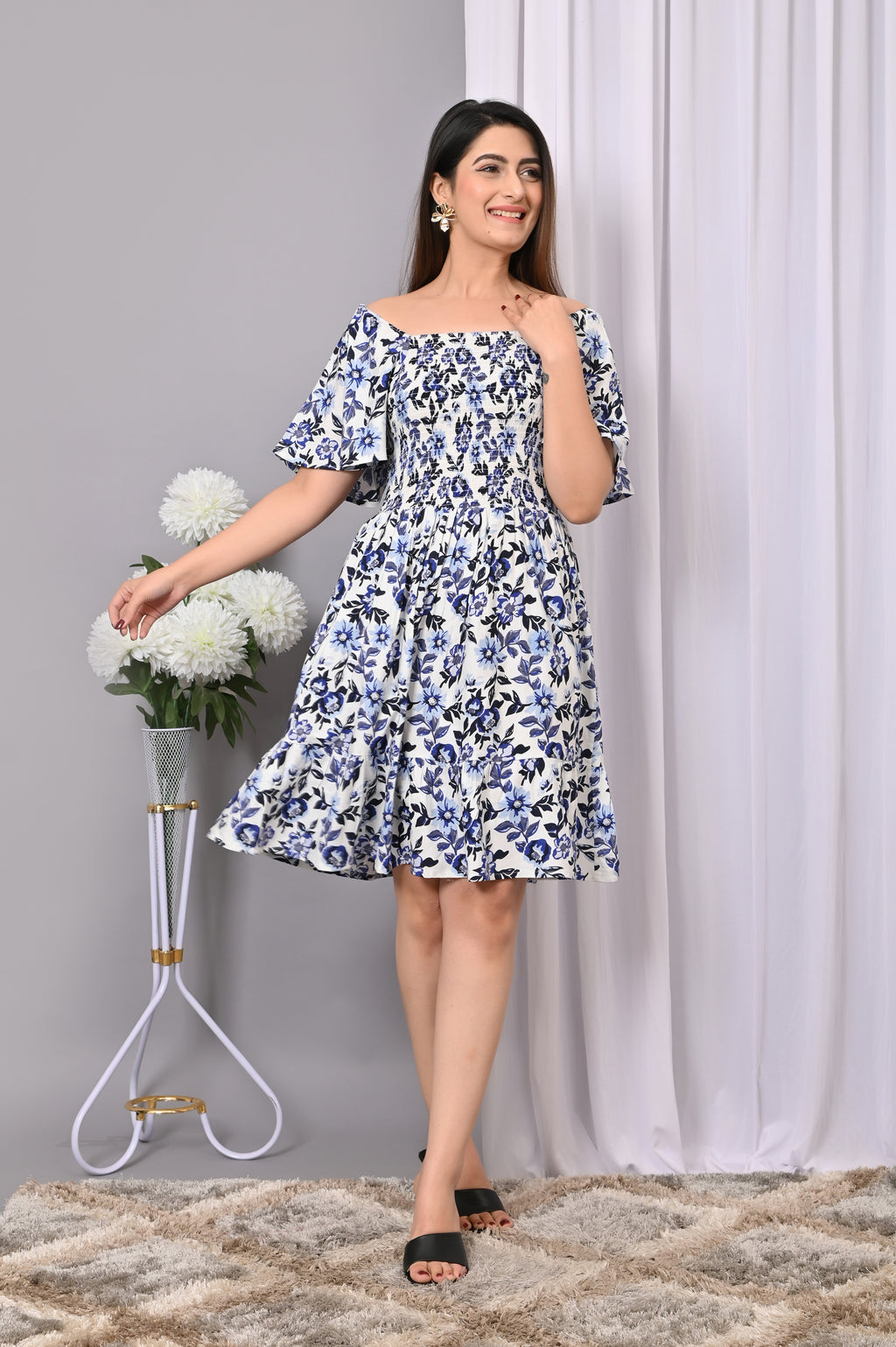 Breezy Blossom Smocked Mini Dress – Blue Floral Off-Shoulder Dress