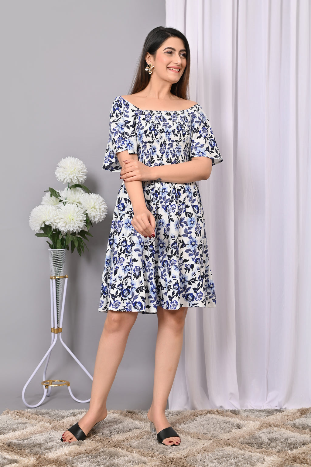 Breezy Blossom Smocked Mini Dress – Blue Floral Off-Shoulder Dress