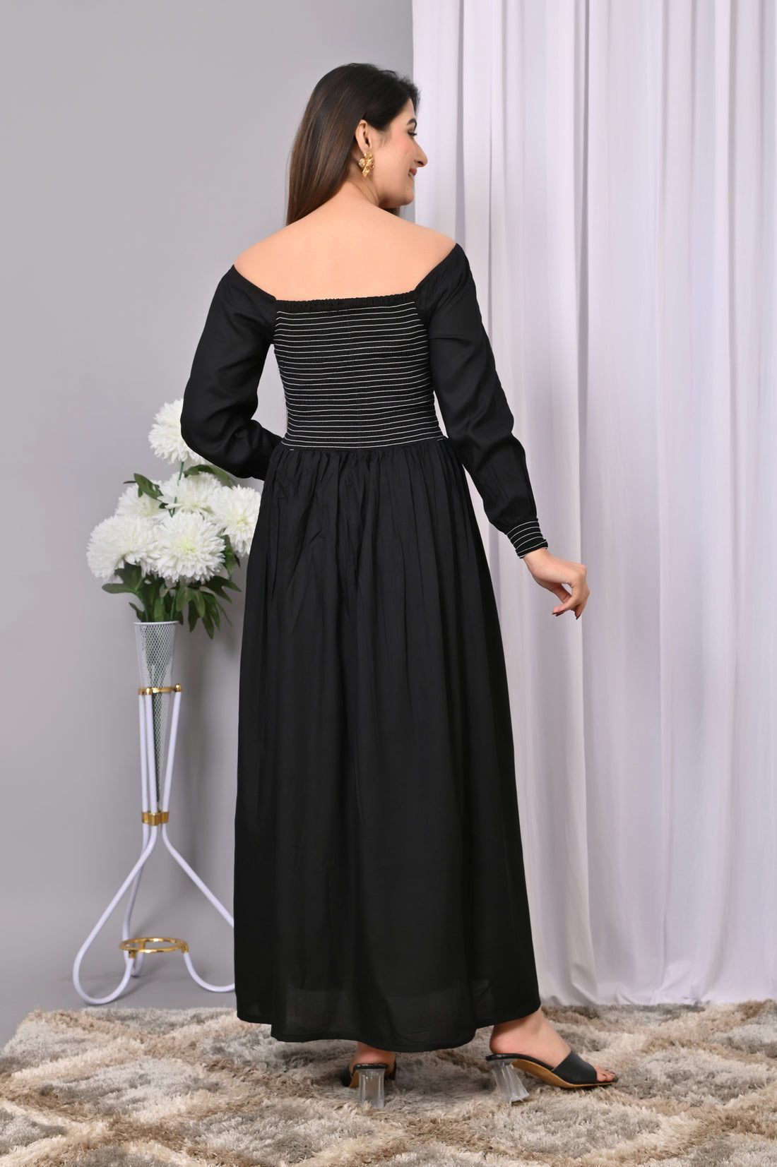 Timeless Beauty Smocked Maxi Dress – Classic Black Off-Shoulder Dress