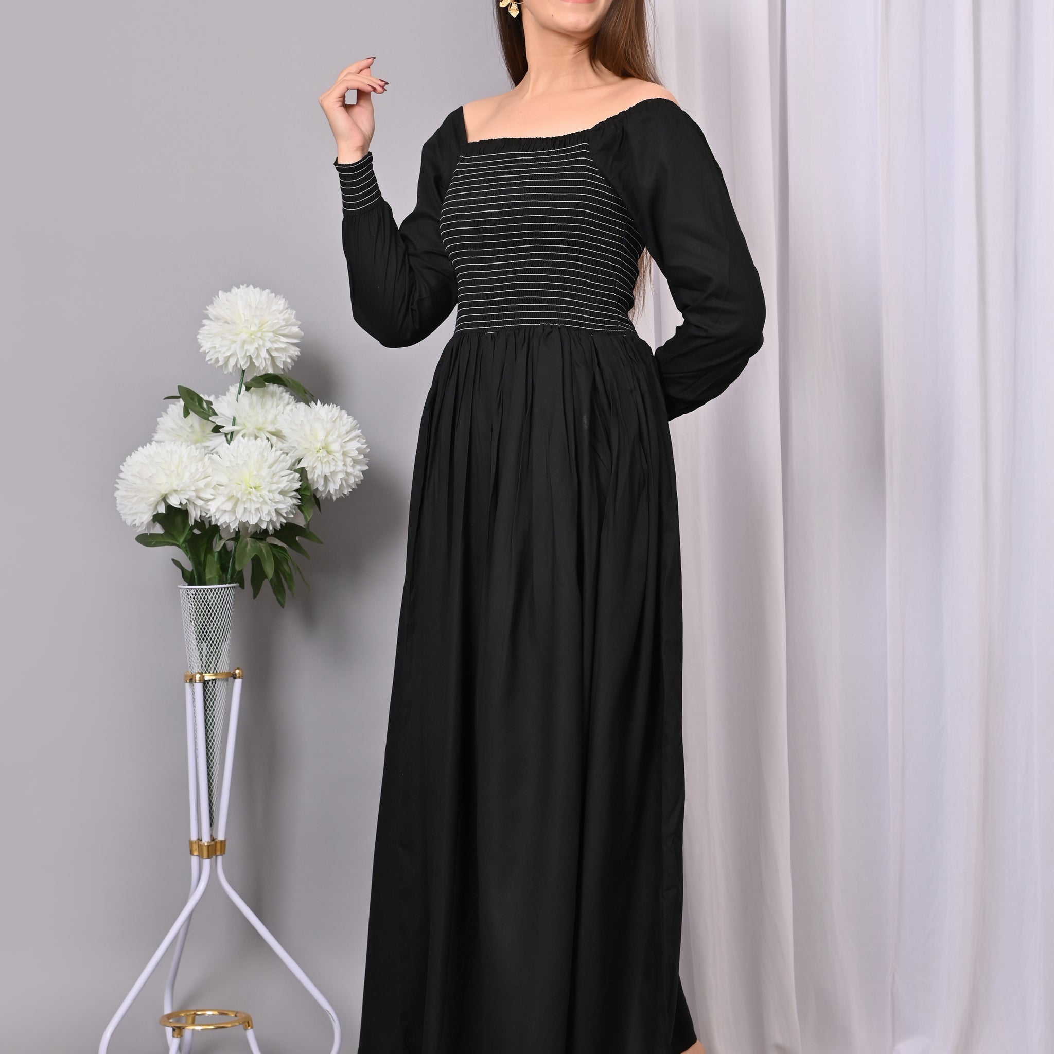 Timeless Beauty Smocked Maxi Dress – Classic Black Off-Shoulder Dress