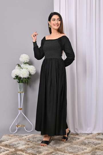 Timeless Beauty Smocked Maxi Dress – Classic Black Off-Shoulder Dress
