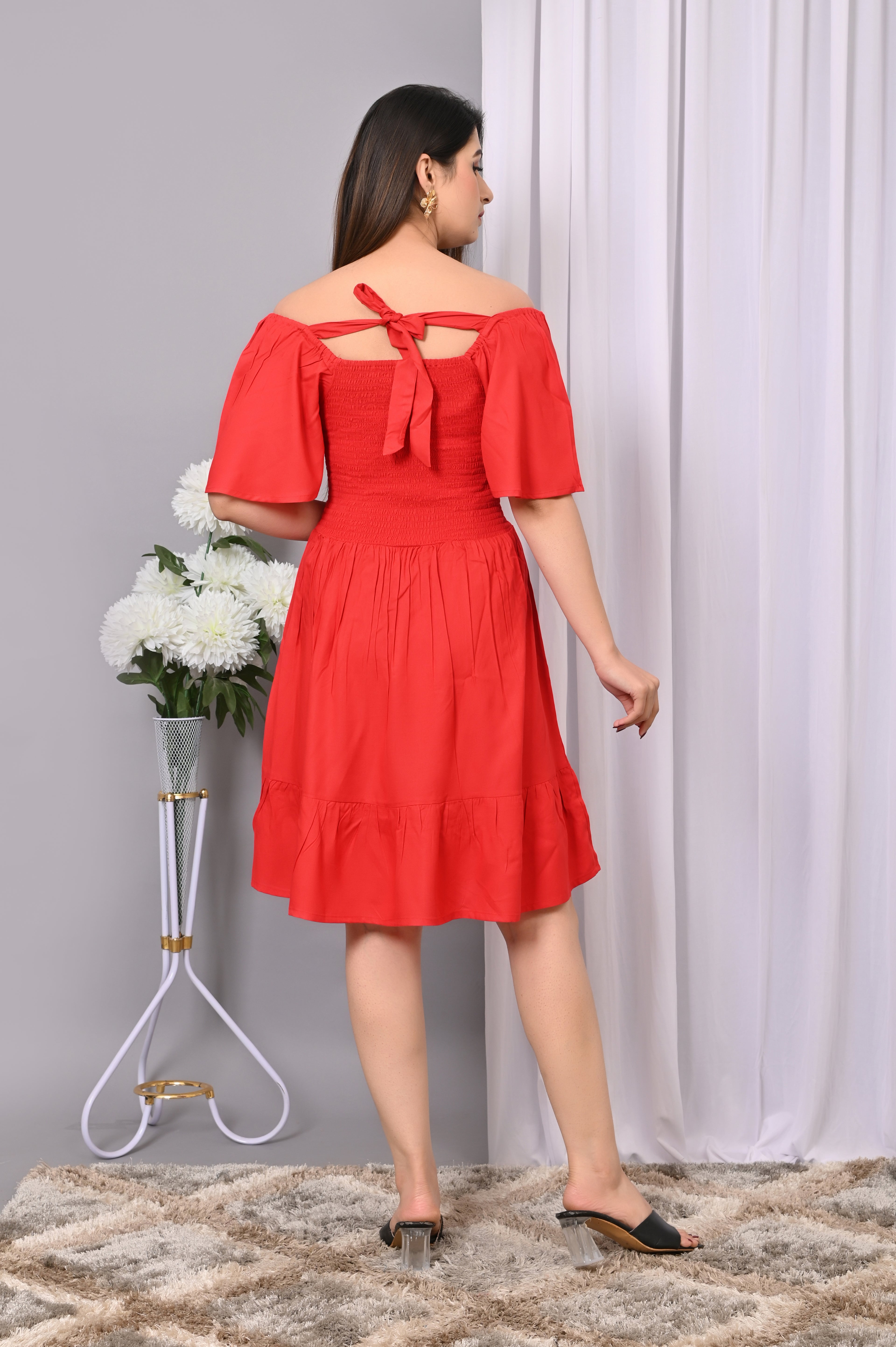 Scarlet Breeze Smocked Midi Dress – Red Off-Shoulder Dress