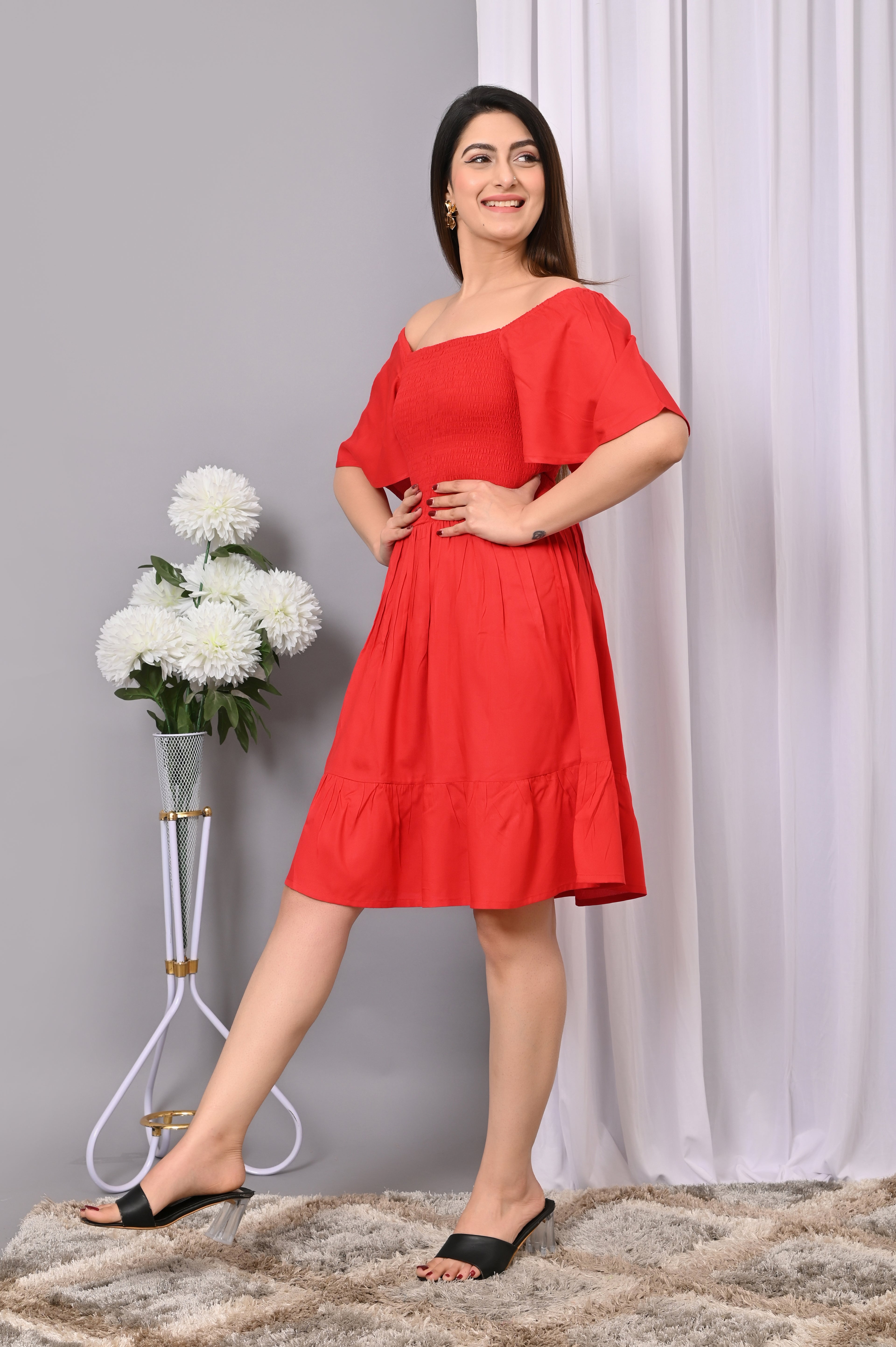 Scarlet Breeze Smocked Midi Dress – Red Off-Shoulder Dress