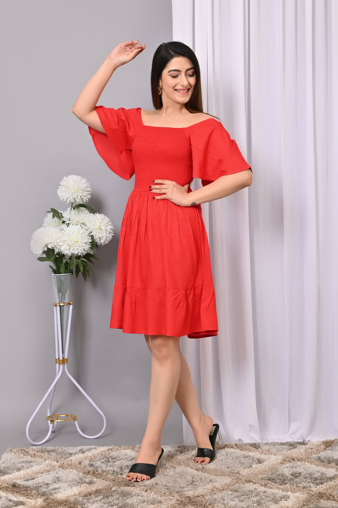 Scarlet Breeze Smocked Midi Dress – Red Off-Shoulder Dress