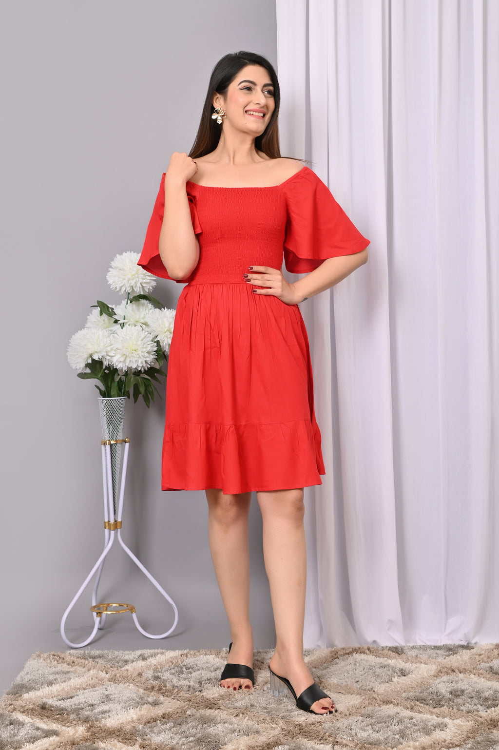 Scarlet Breeze Smocked Midi Dress – Red Off-Shoulder Dress