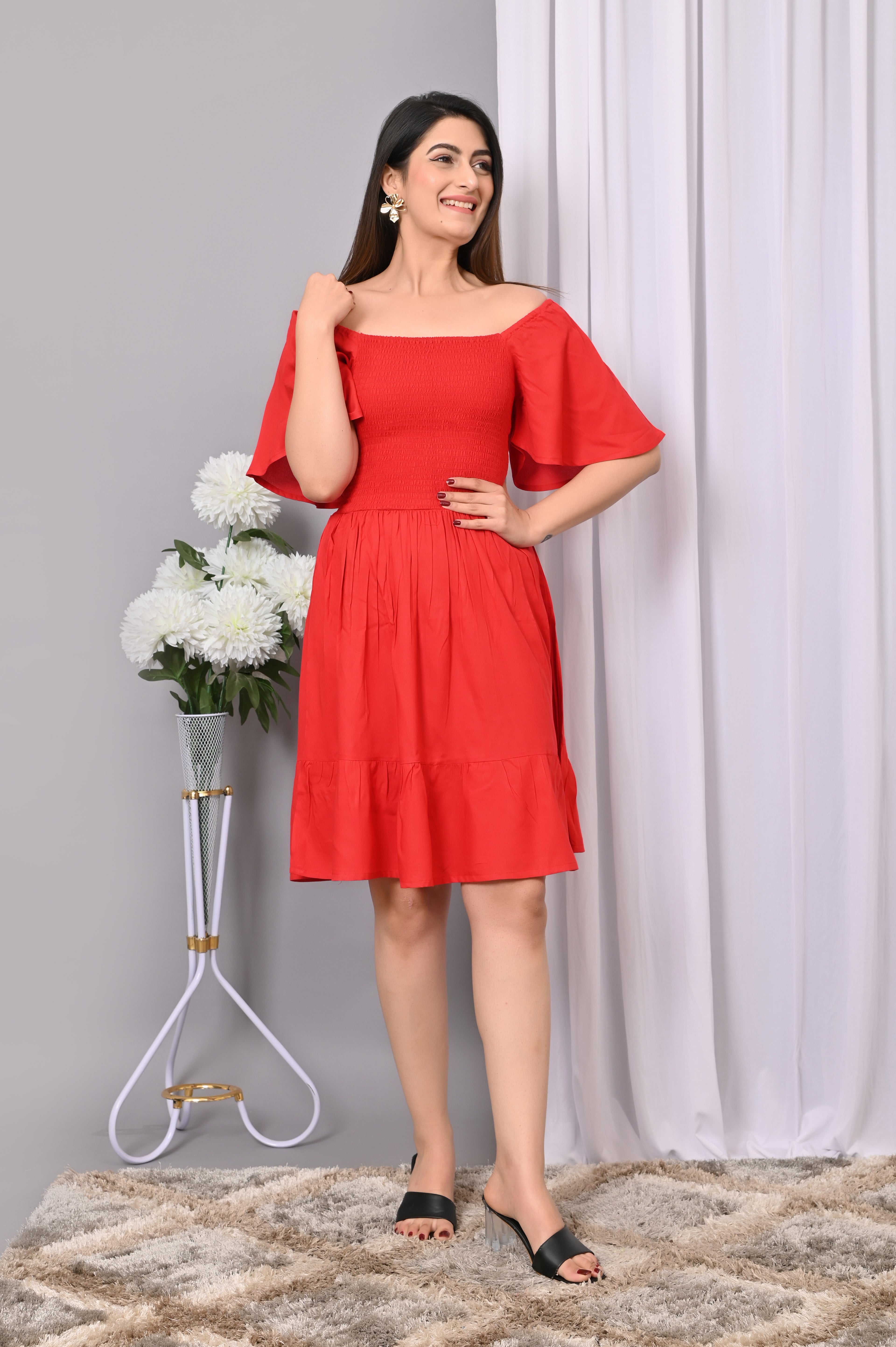 Scarlet Breeze Smocked Midi Dress – Red Off-Shoulder Dress