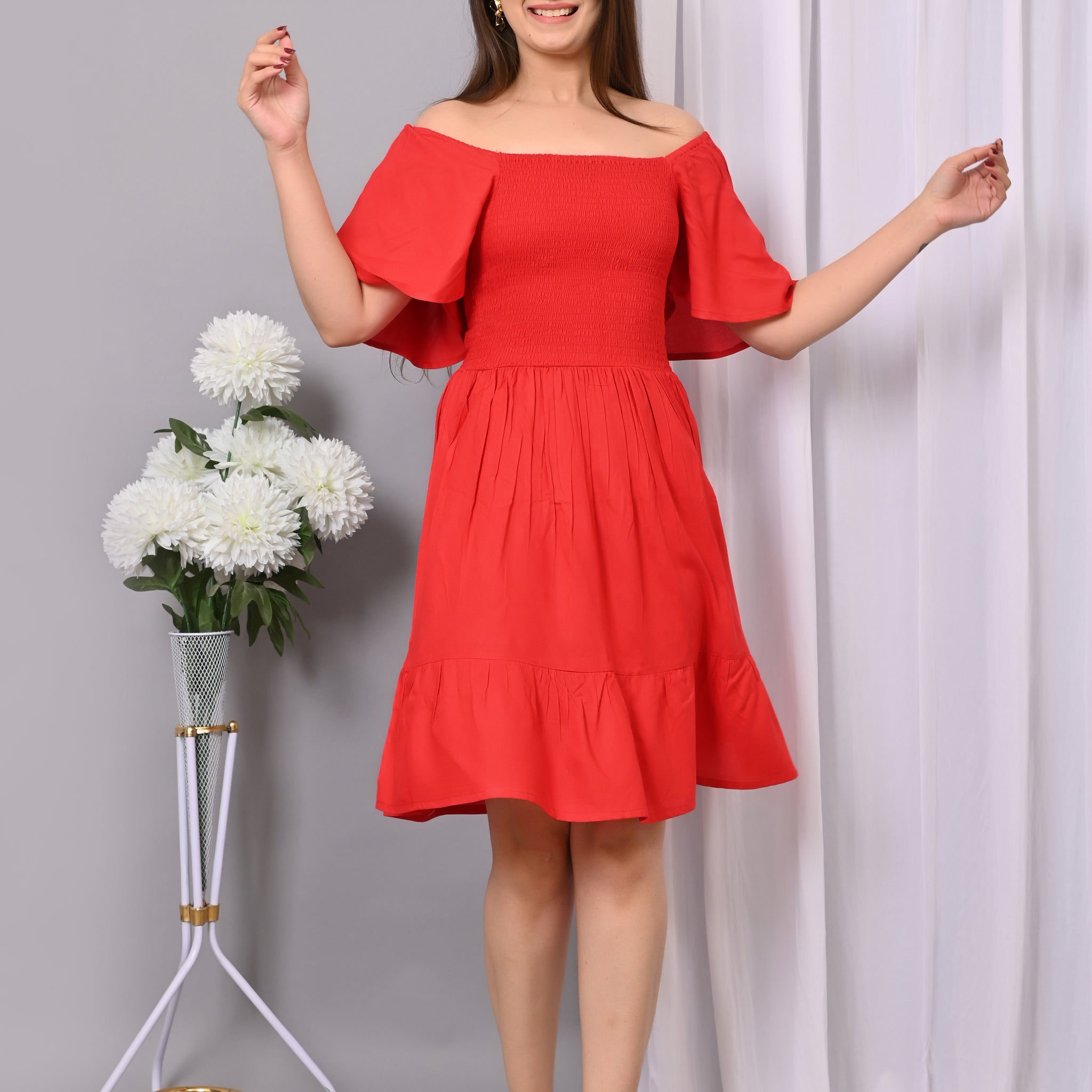 Scarlet Breeze Smocked Midi Dress – Red Off-Shoulder Dress