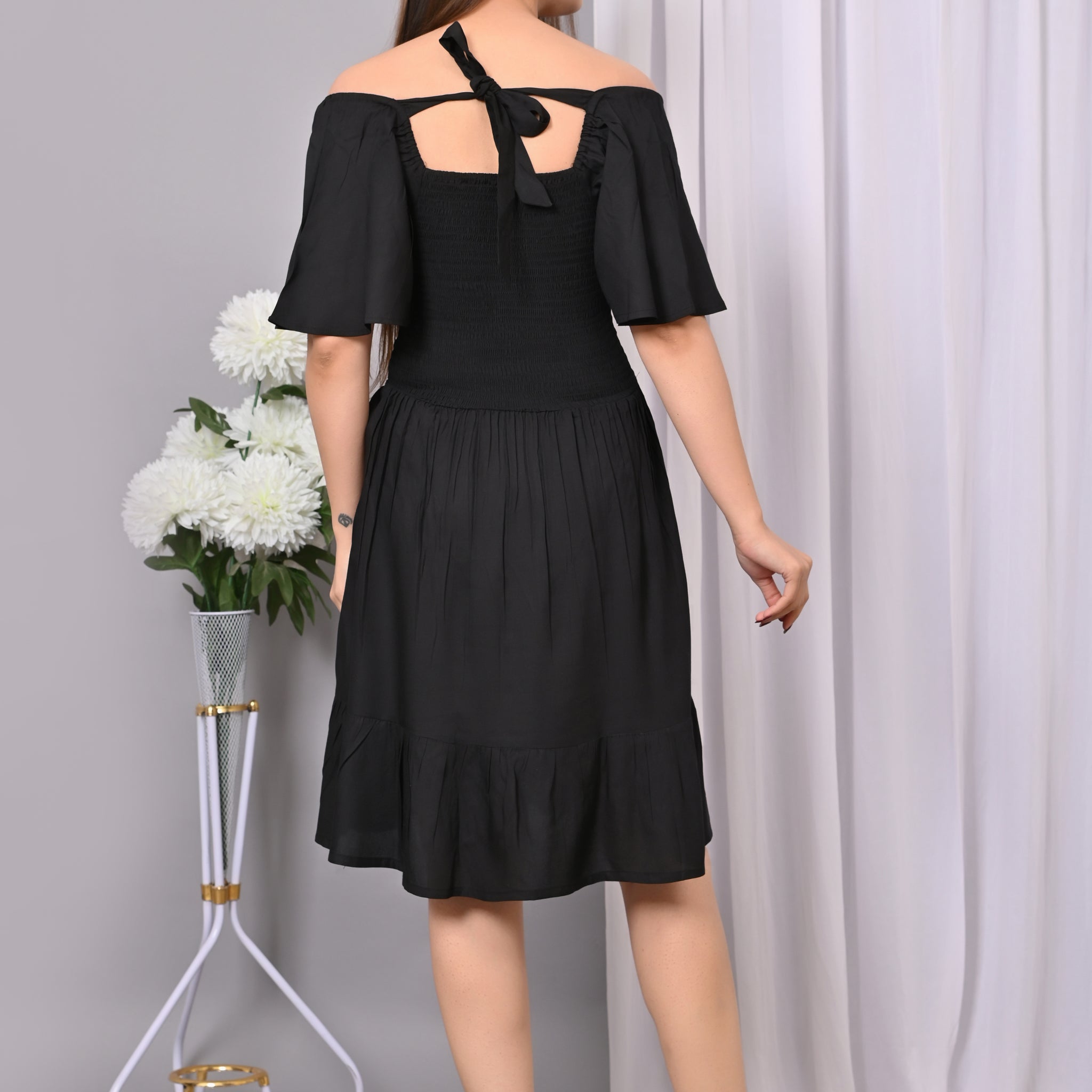 Elegant Off-Shoulder Smocked Dress – Black Rayon Midi