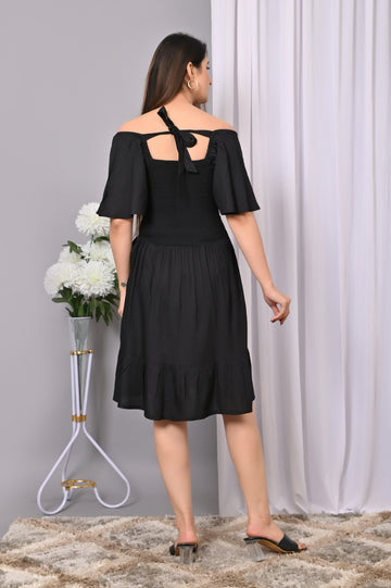 Elegant Off-Shoulder Smocked Dress – Black Rayon Midi