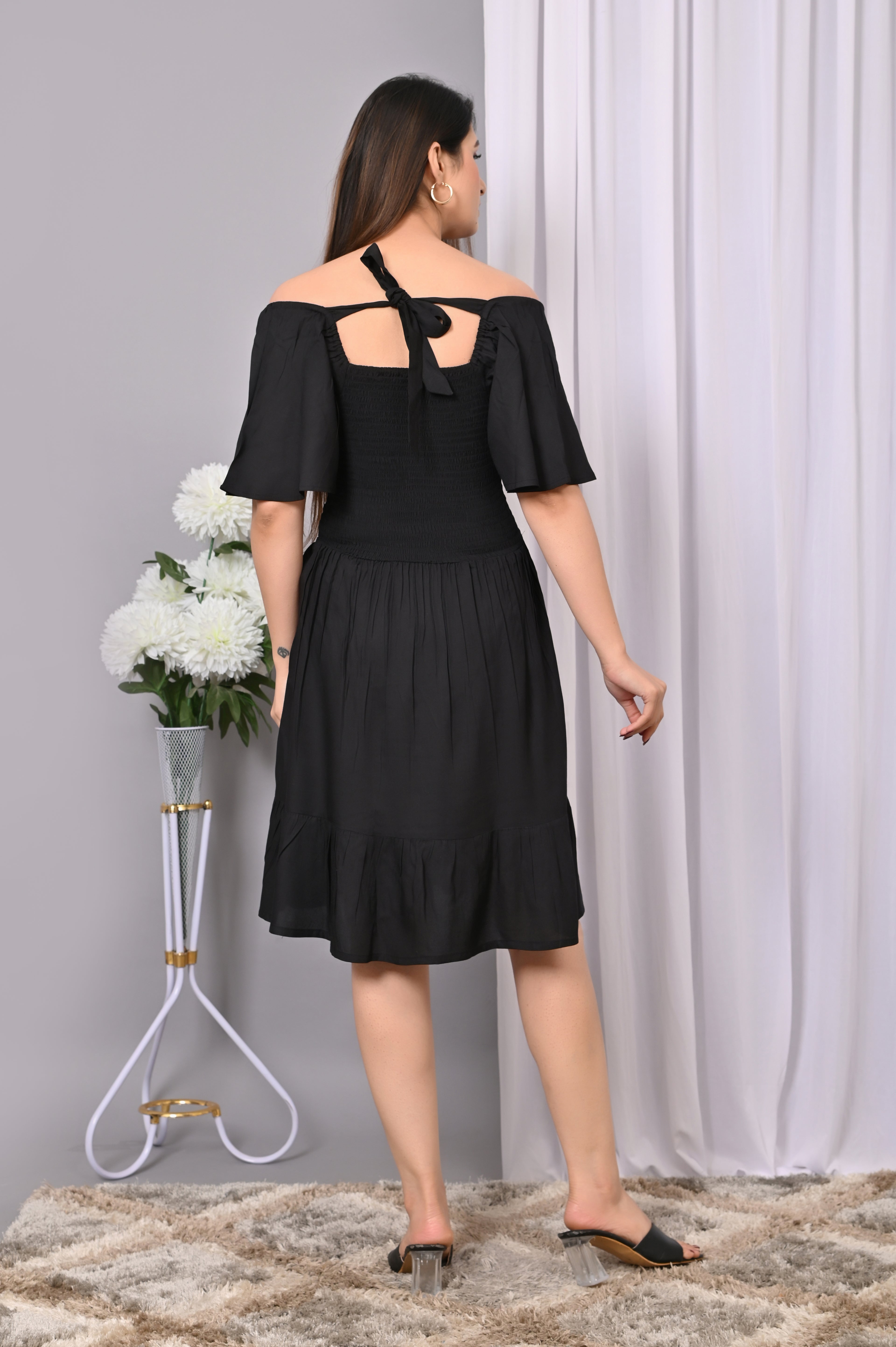 Elegant Off-Shoulder Smocked Dress – Black Rayon Midi