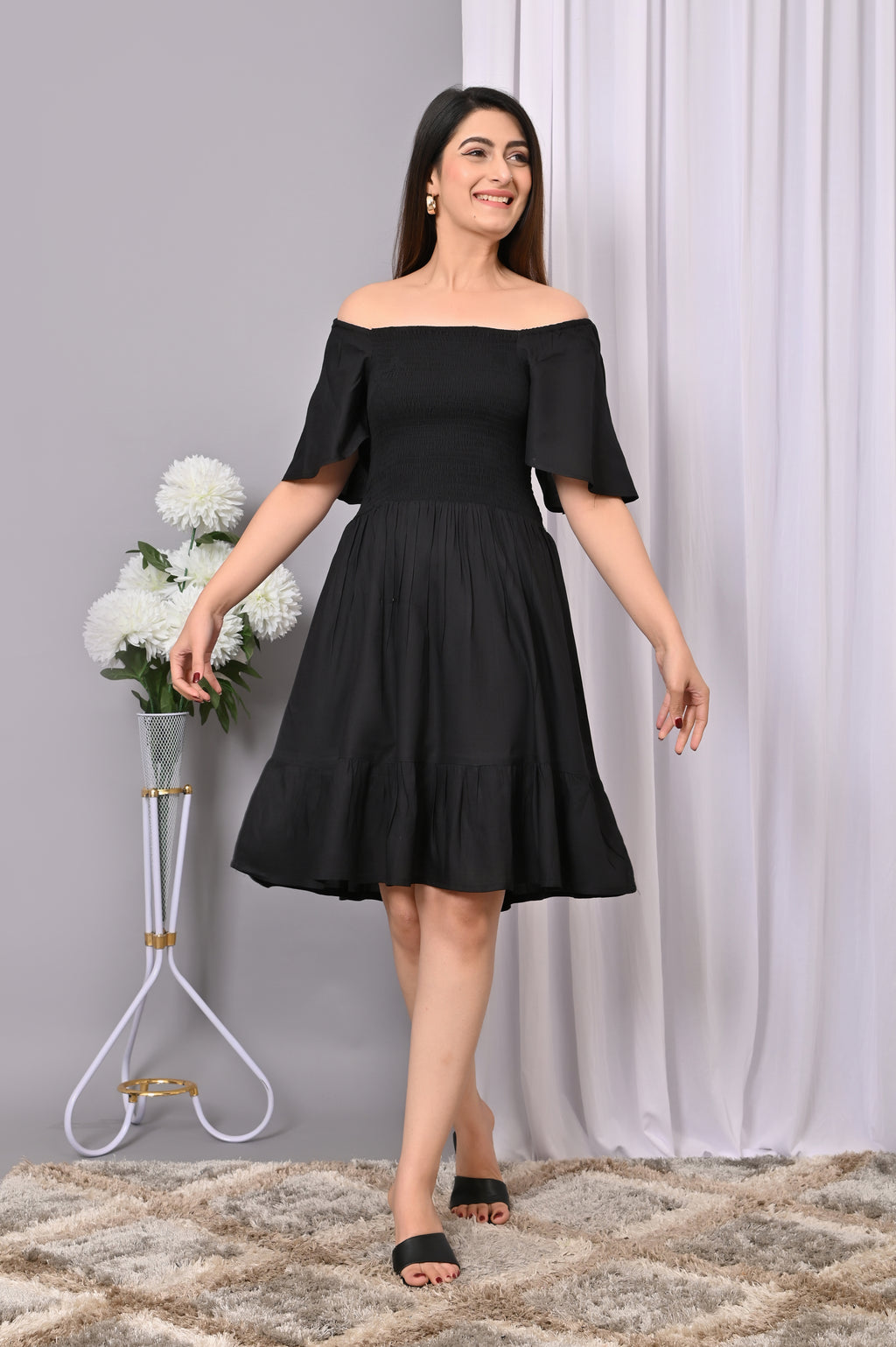 Elegant Off-Shoulder Smocked Dress – Black Rayon Midi