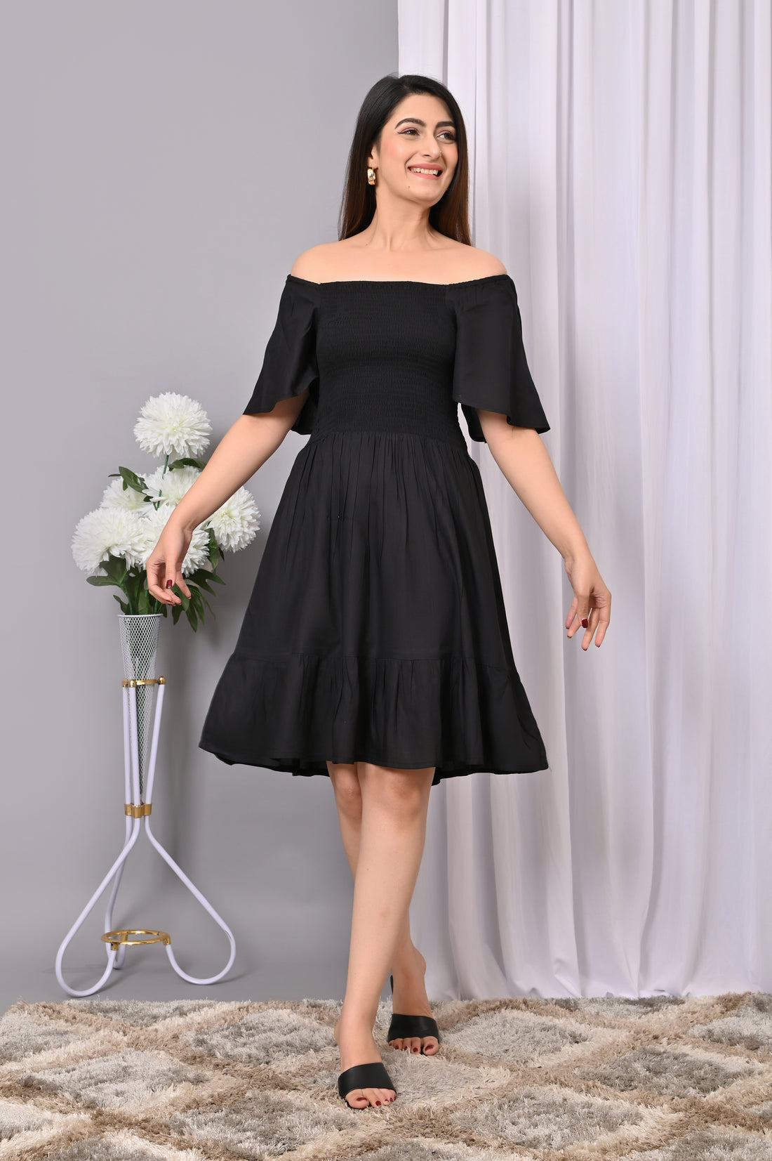 Elegant Off-Shoulder Smocked Dress – Black Rayon Midi