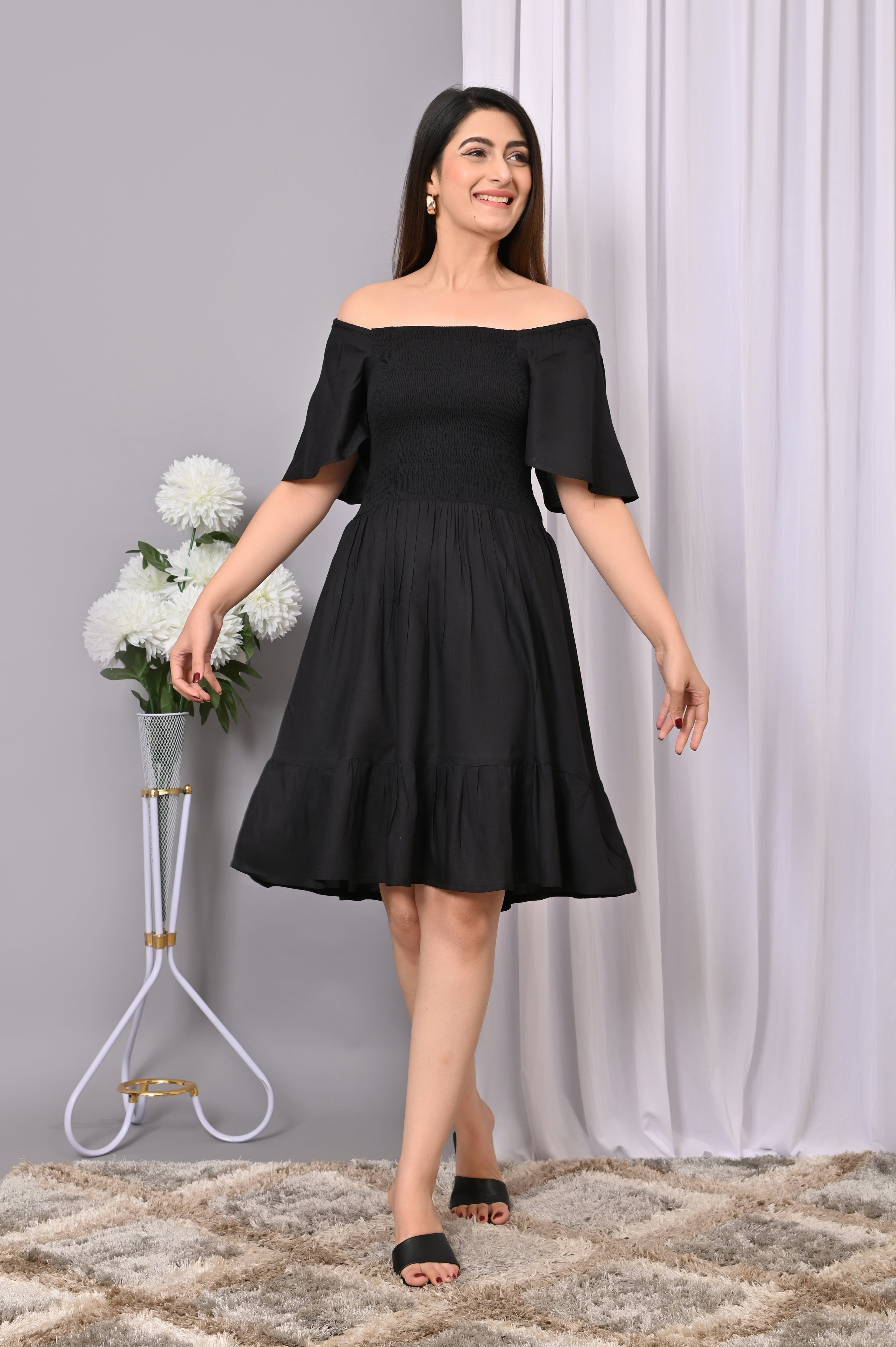 Elegant Off-Shoulder Smocked Dress – Black Rayon Midi