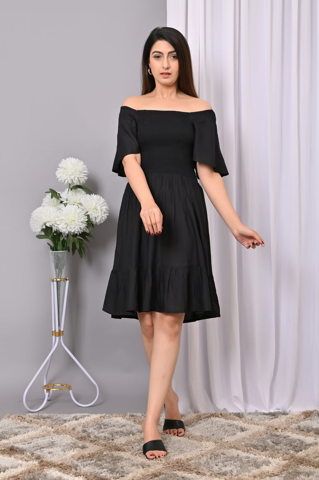 Elegant Off-Shoulder Smocked Dress – Black Rayon Midi