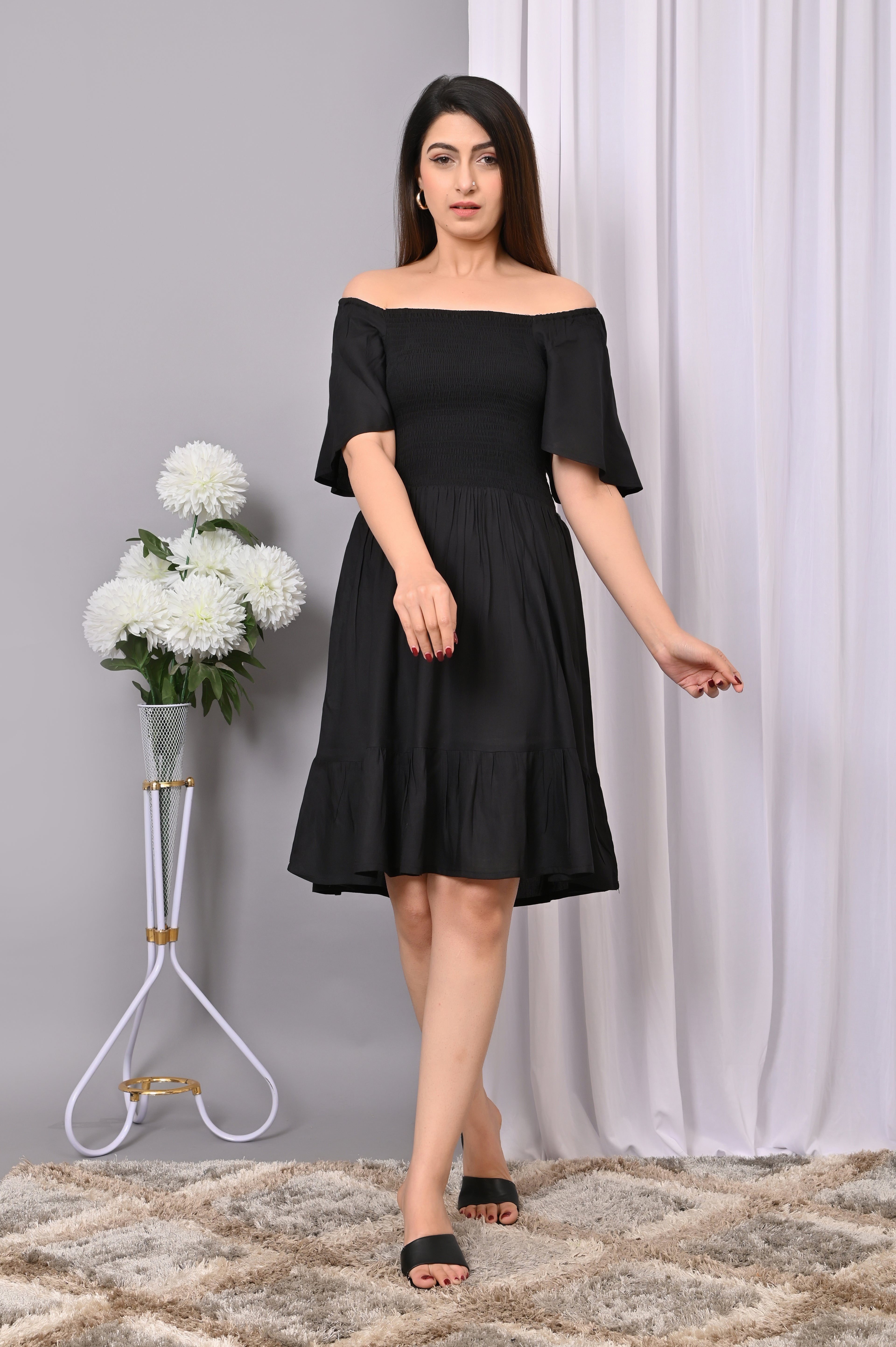 Elegant Off-Shoulder Smocked Dress – Black Rayon Midi