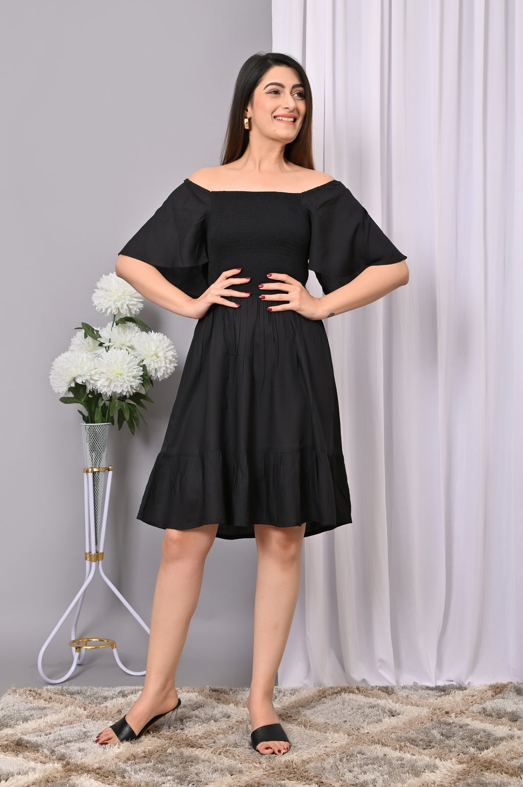 Elegant Off-Shoulder Smocked Dress – Black Rayon Midi