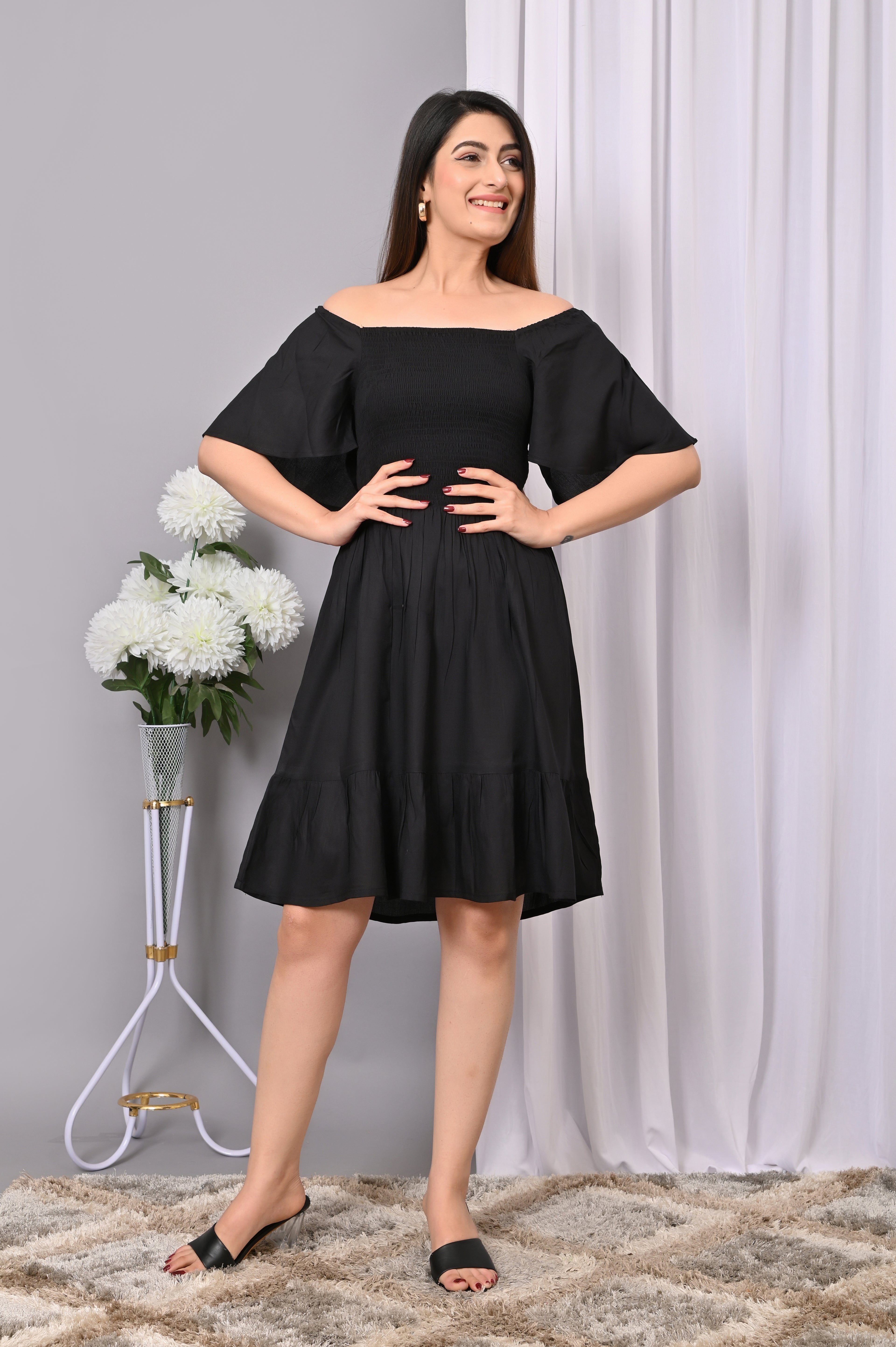 Elegant Off-Shoulder Smocked Dress – Black Rayon Midi