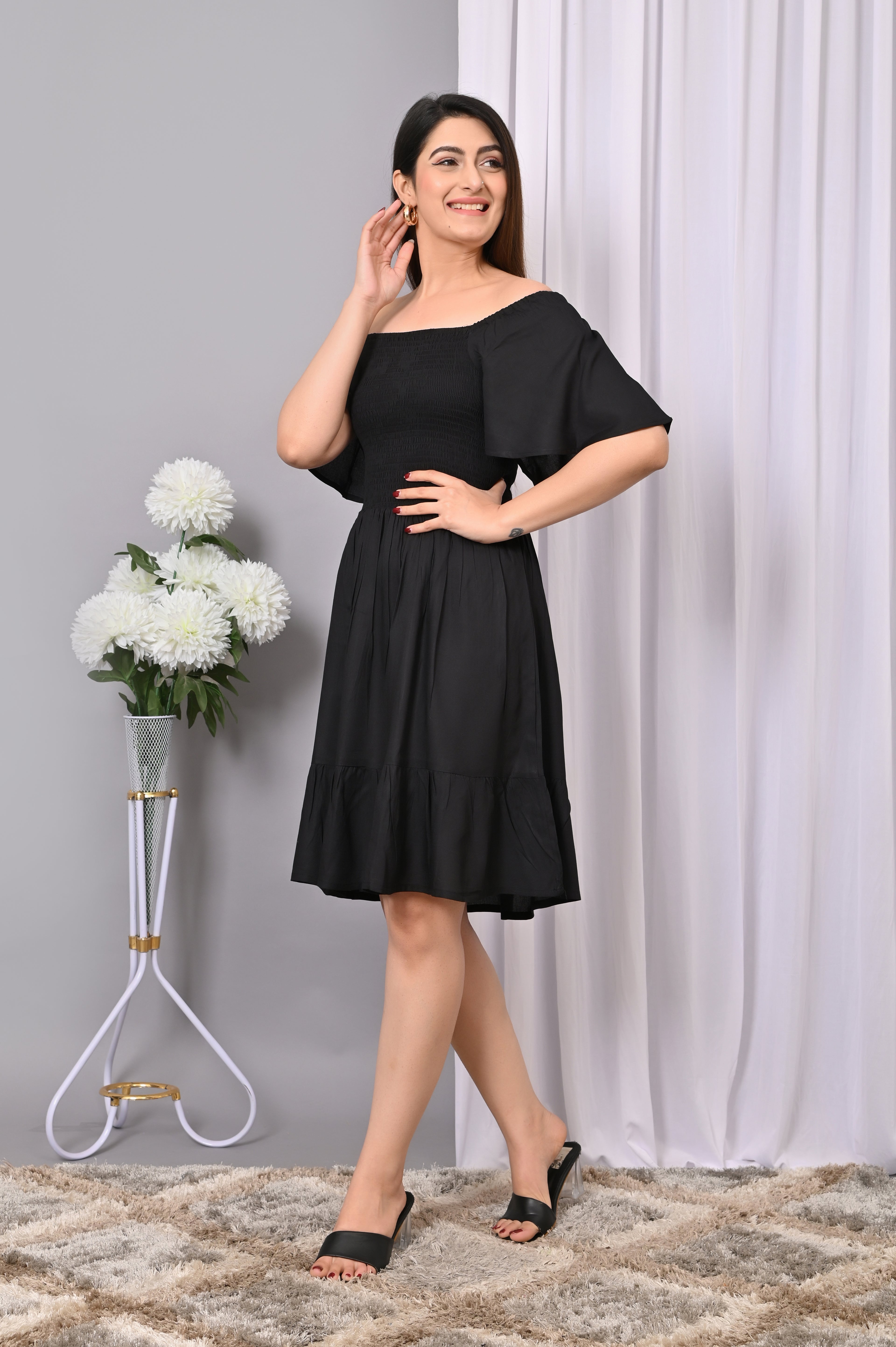 Elegant Off-Shoulder Smocked Dress – Black Rayon Midi