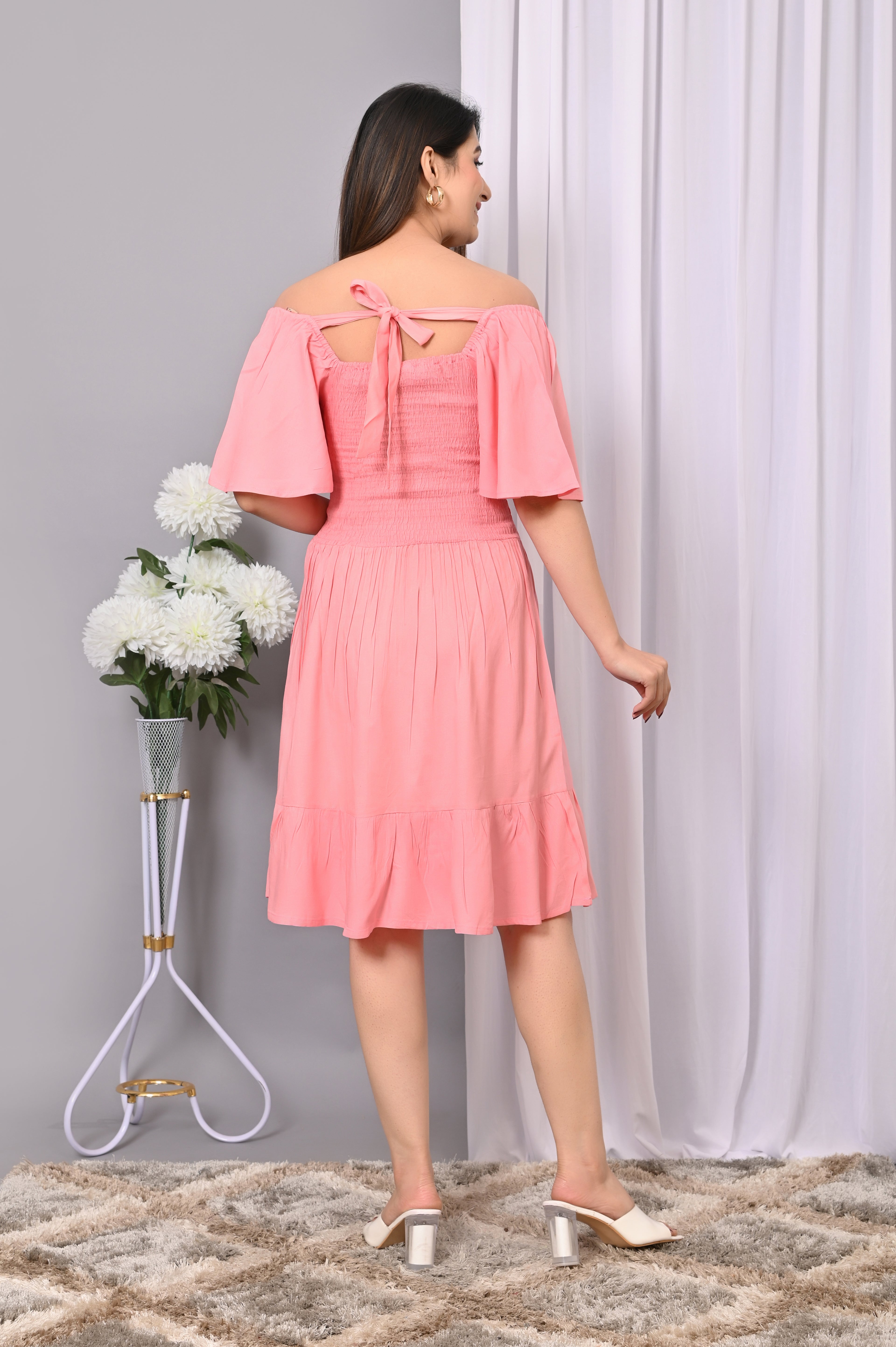 Blush Pink Off-Shoulder Smocked Dress – Rayon Midi Elegance