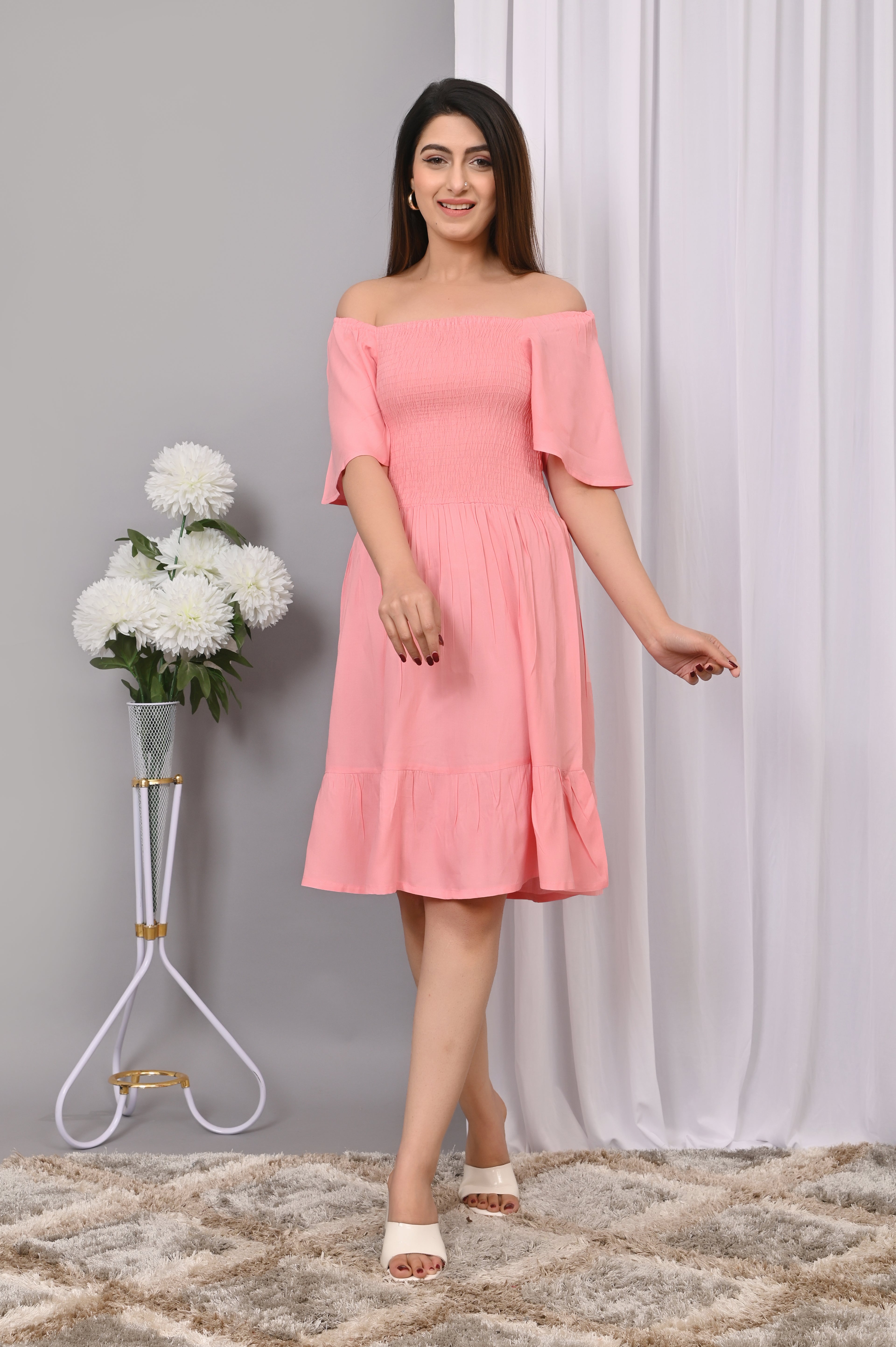Blush Pink Off-Shoulder Smocked Dress – Rayon Midi Elegance