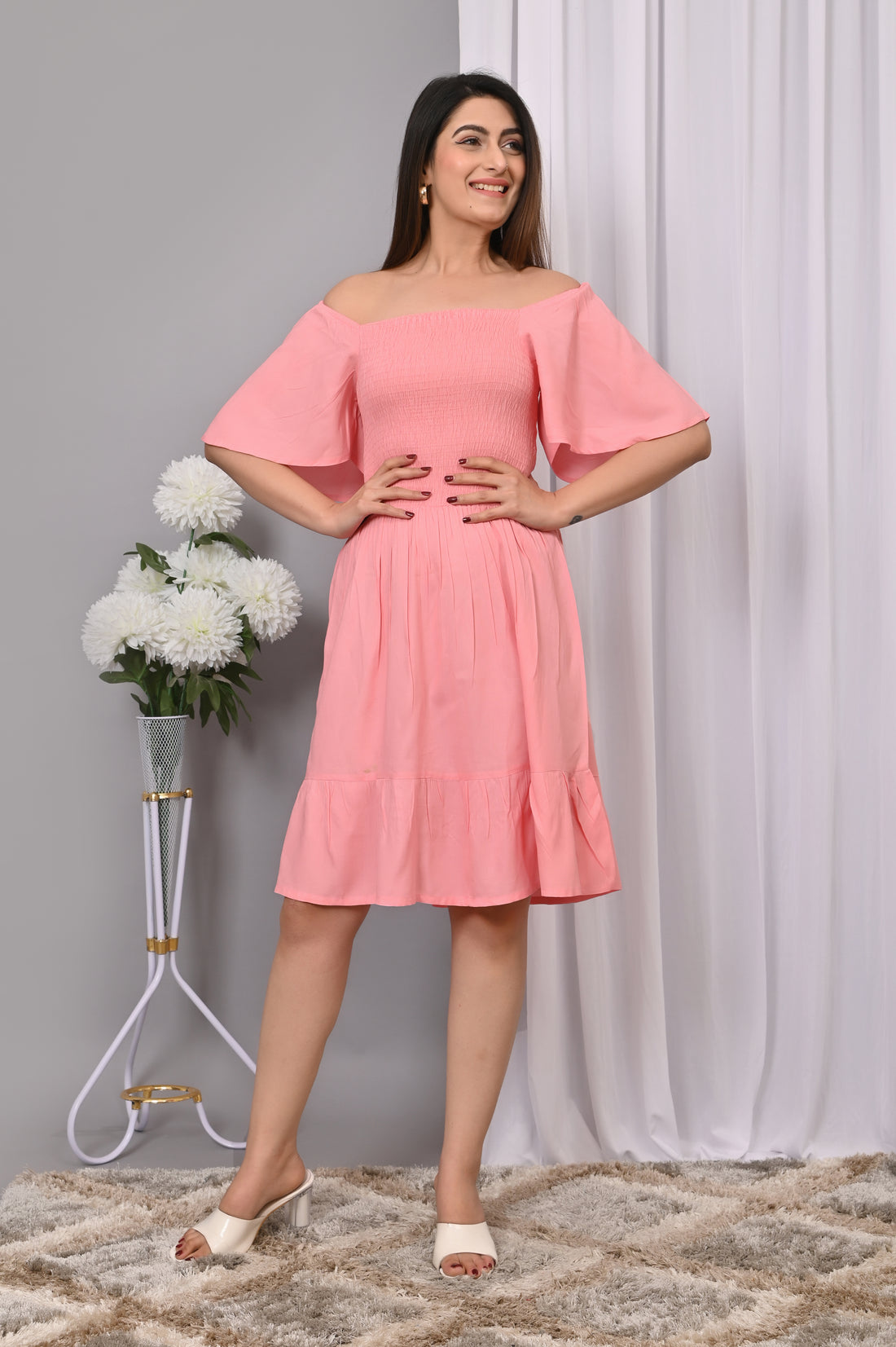 Blush Pink Off-Shoulder Smocked Dress – Rayon Midi Elegance