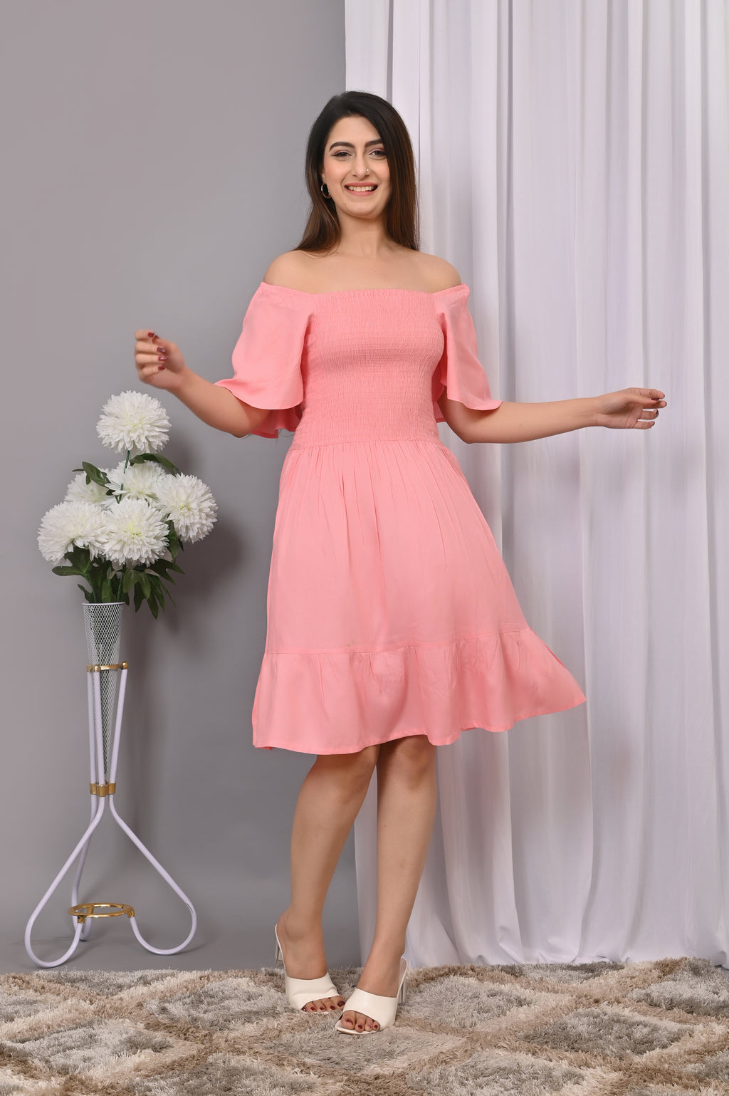 Blush Pink Off-Shoulder Smocked Dress – Rayon Midi Elegance