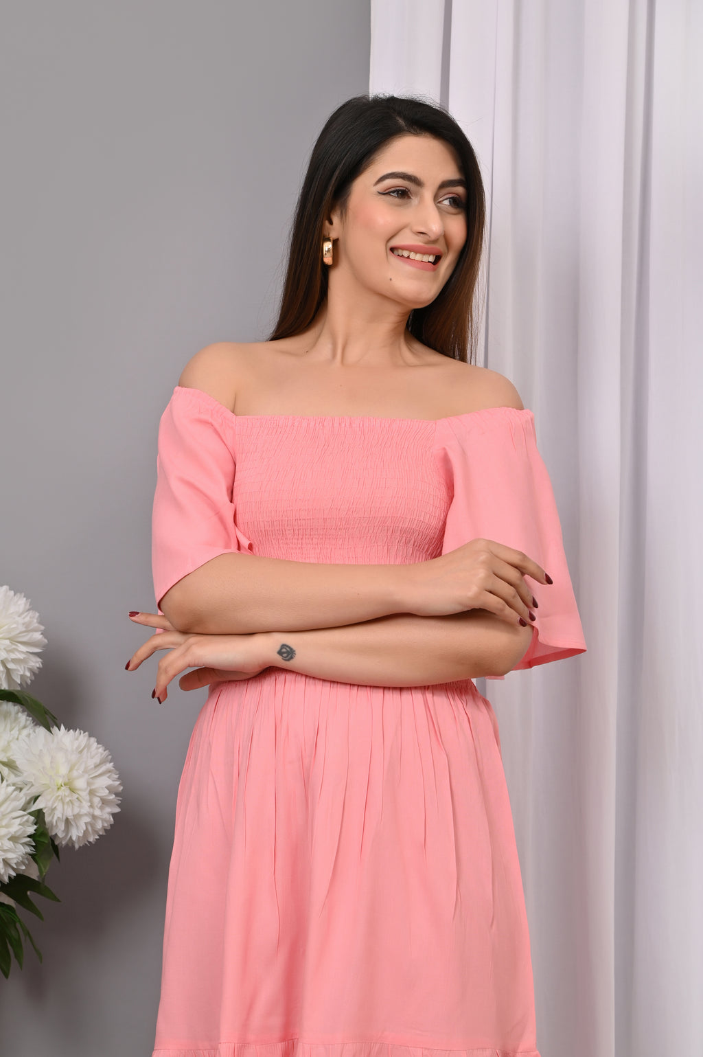 Blush Pink Off-Shoulder Smocked Dress – Rayon Midi Elegance
