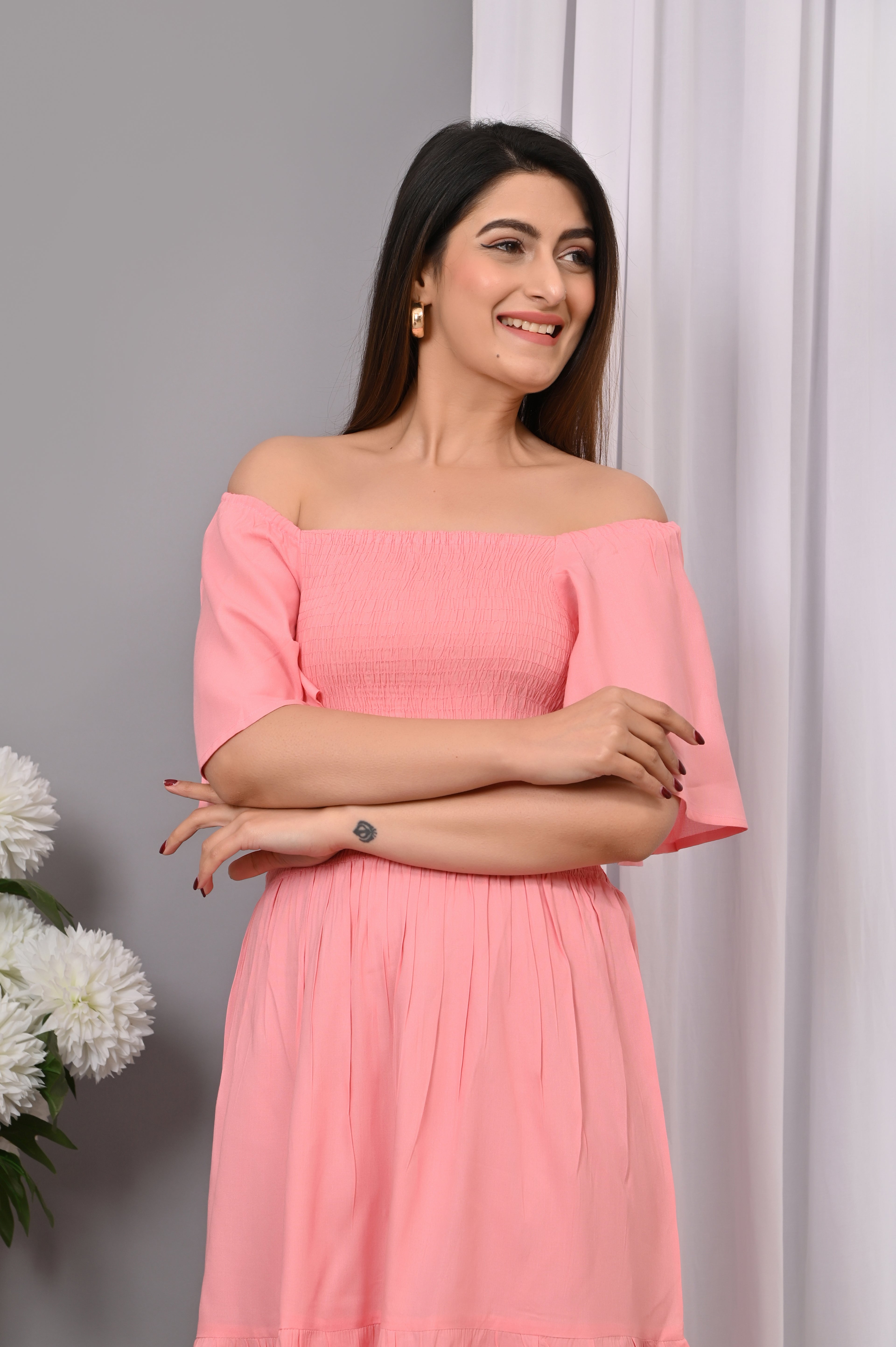 Blush Pink Off-Shoulder Smocked Dress – Rayon Midi Elegance