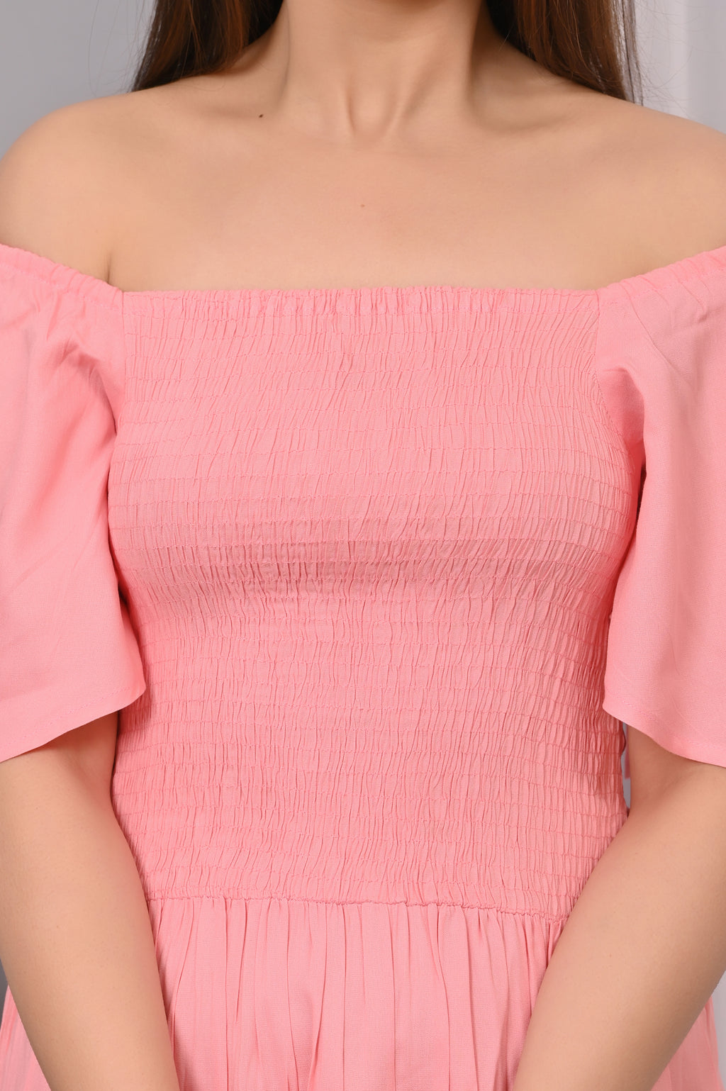 Blush Pink Off-Shoulder Smocked Dress – Rayon Midi Elegance