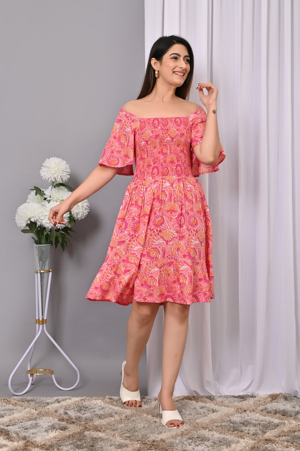 Boho Chic Off-Shoulder Printed Dress – Summer Essential